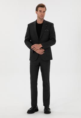 Antrasit Slim Fit  Mikro Desenli Mono Yaka Yün Karışımlı Takım Elbise