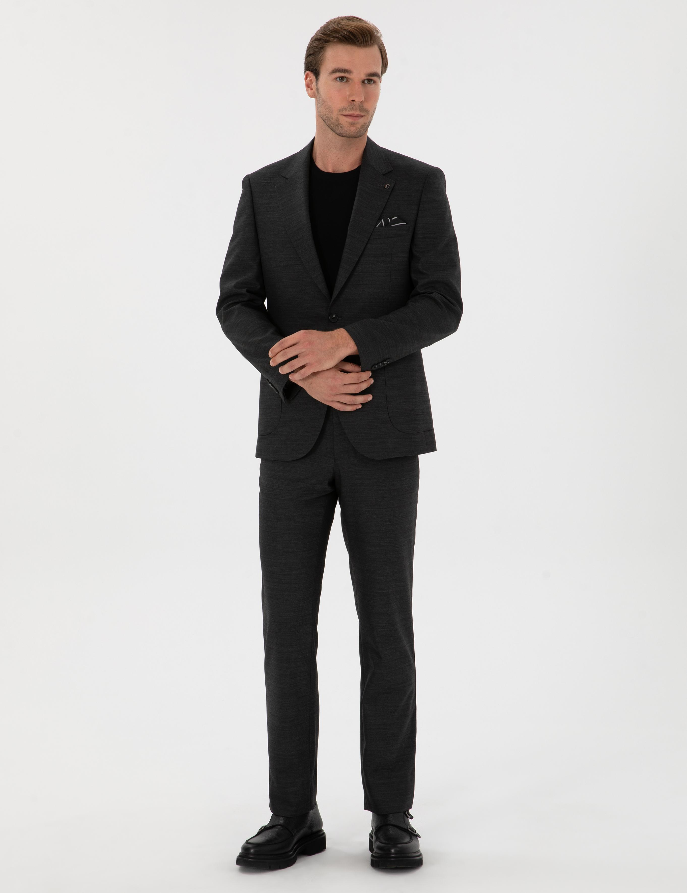 Antrasit Slim Fit  Mikro Desenli Mono Yaka Yün Karışımlı Takım Elbise - 50310980038
