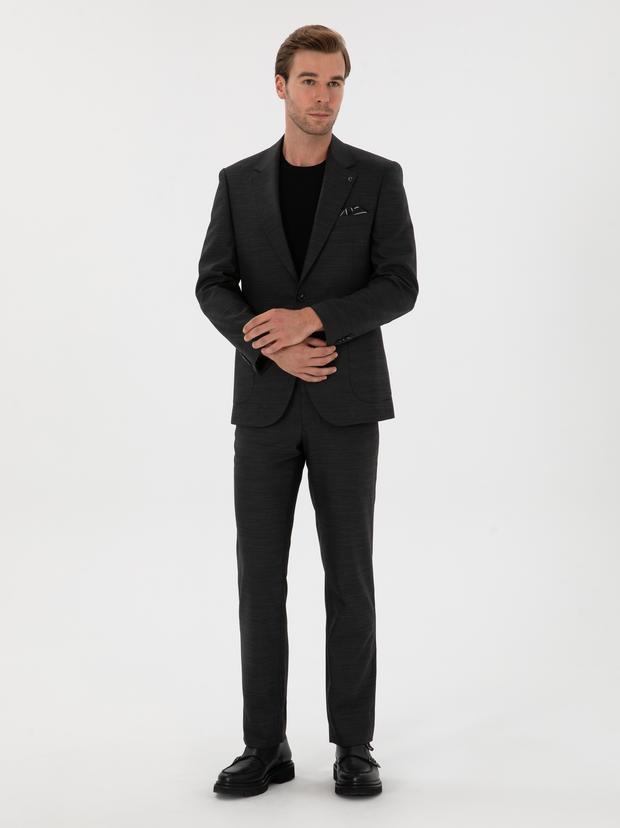 Antrasit Slim Fit  Mikro Desenli Mono Yaka Yün Karışımlı Takım Elbise