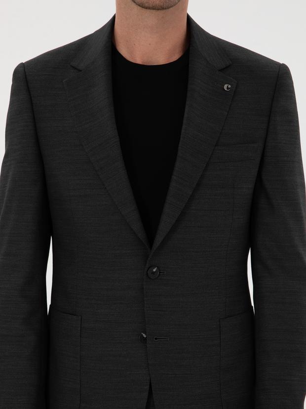 Antrasit Slim Fit  Mikro Desenli Mono Yaka Yün Karışımlı Takım Elbise