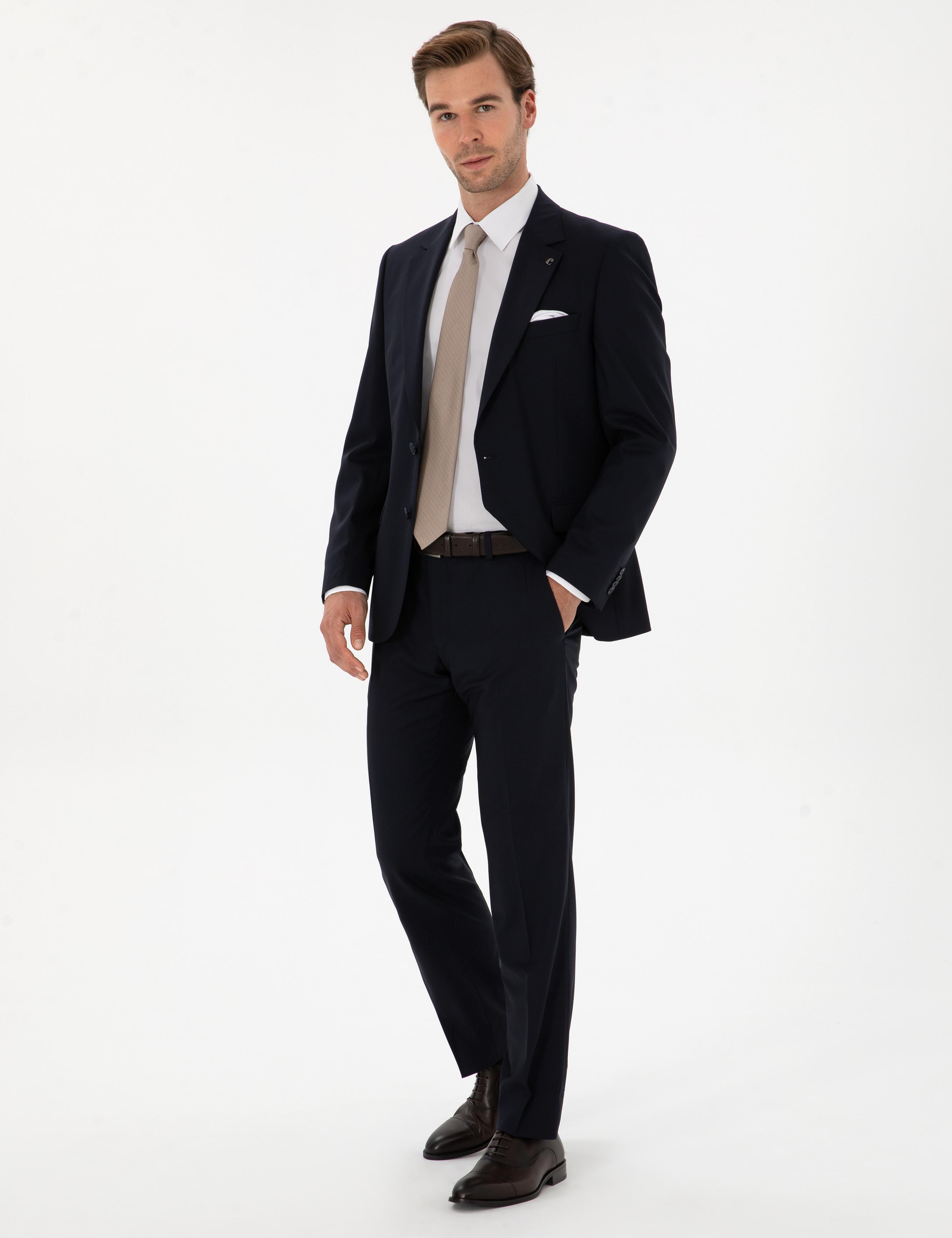 Lacivert Slim Fit Yün Karışımlı Mono Yaka Klasik Takım Elbise - 50306815062