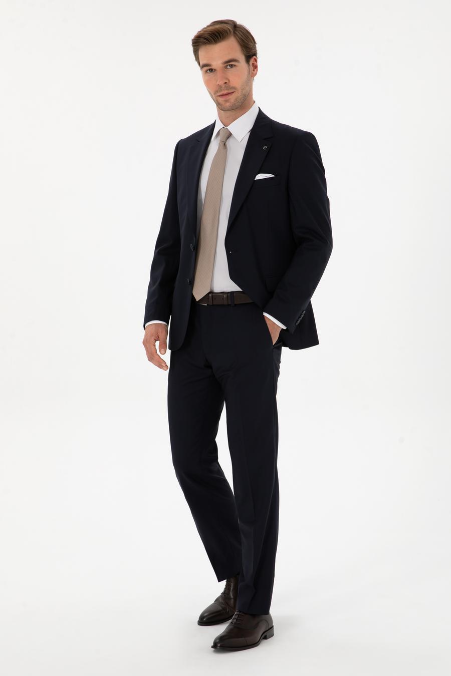 Lacivert Slim Fit Yün Karışımlı Mono Yaka Klasik Takım Elbise - 50306815062