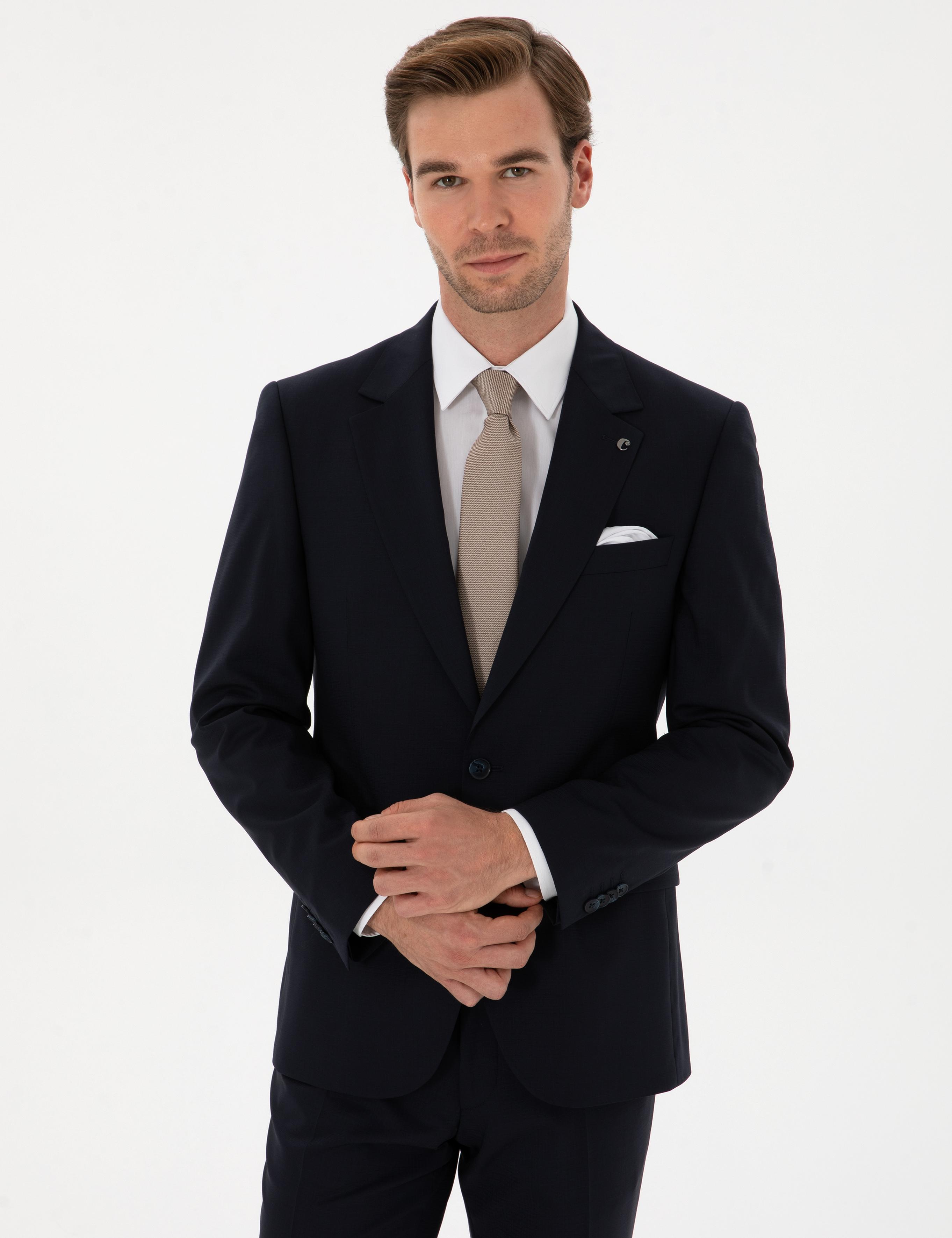 Lacivert Slim Fit Yün Karışımlı Mono Yaka Klasik Takım Elbise - 50306815062
