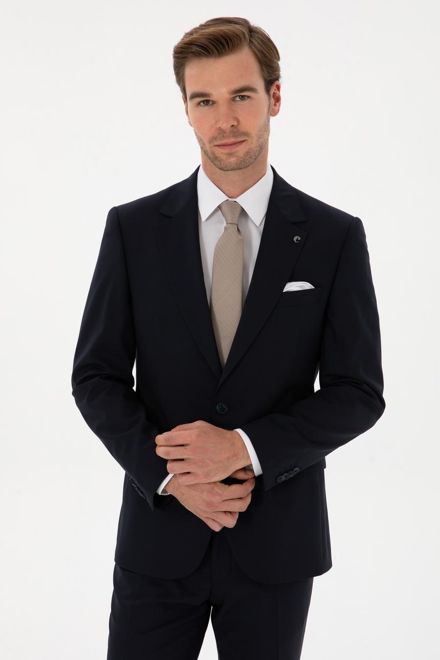 Lacivert Slim Fit Yün Karışımlı Mono Yaka Klasik Takım Elbise - 50306815062
