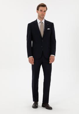 Lacivert Slim Fit Yün Karışımlı Mono Yaka Klasik Takım Elbise
