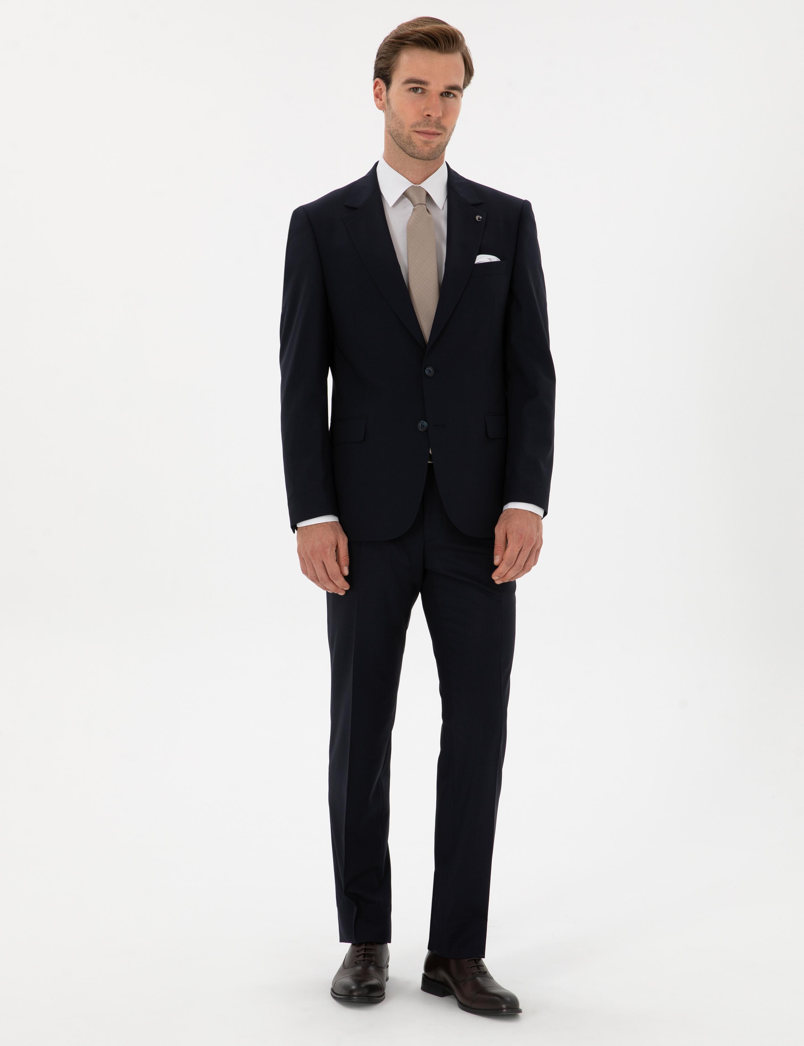 Lacivert Slim Fit Yün Karışımlı Mono Yaka Klasik Takım Elbise - 50306815062