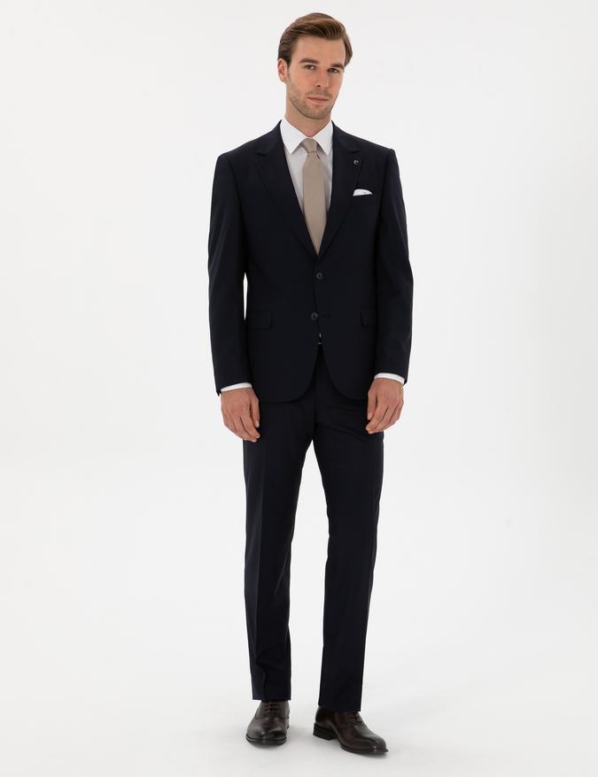 Lacivert Slim Fit Yün Karışımlı Mono Yaka Klasik Takım Elbise