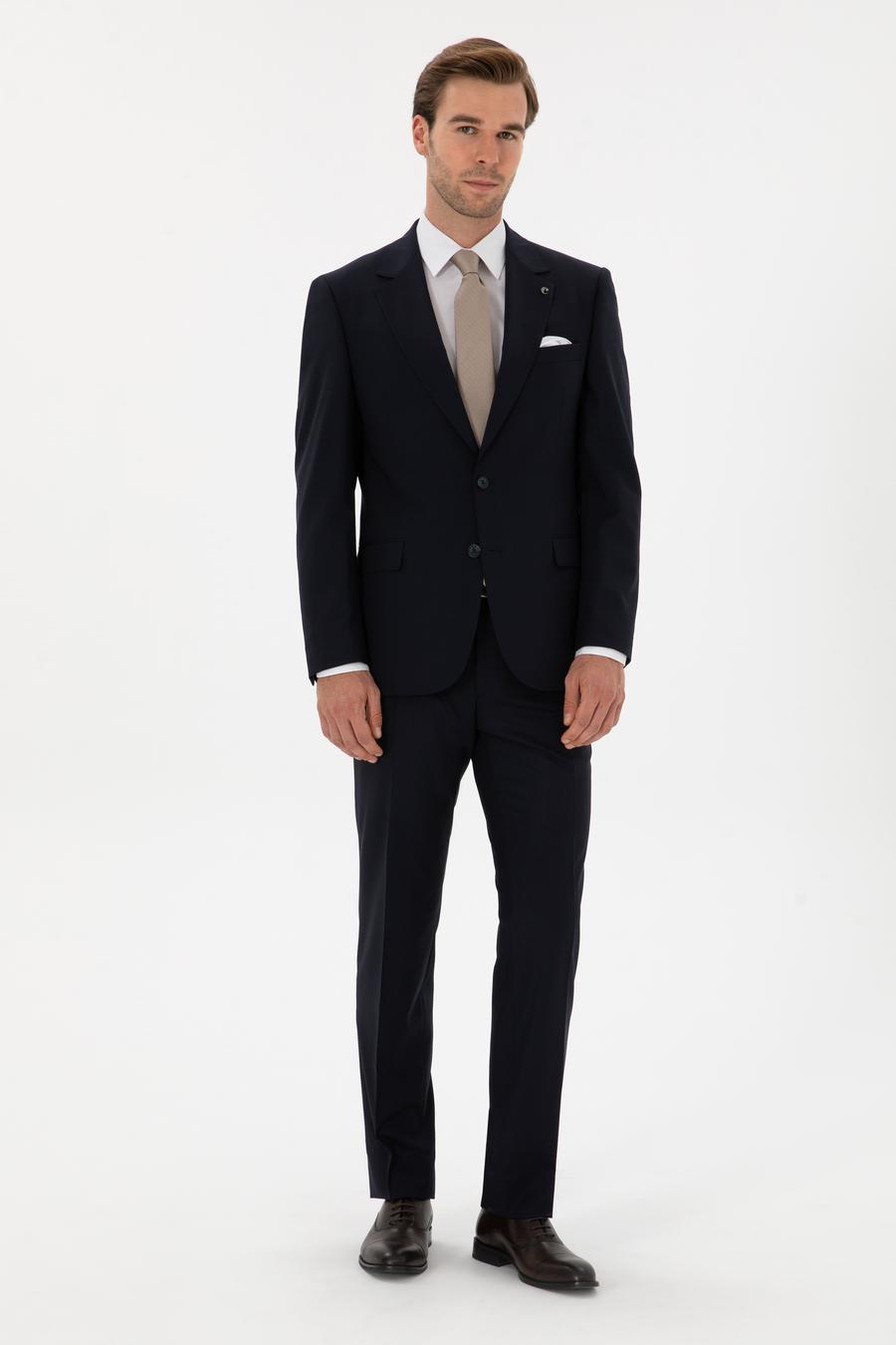 Lacivert Slim Fit Yün Karışımlı Mono Yaka Klasik Takım Elbise - 50306815062