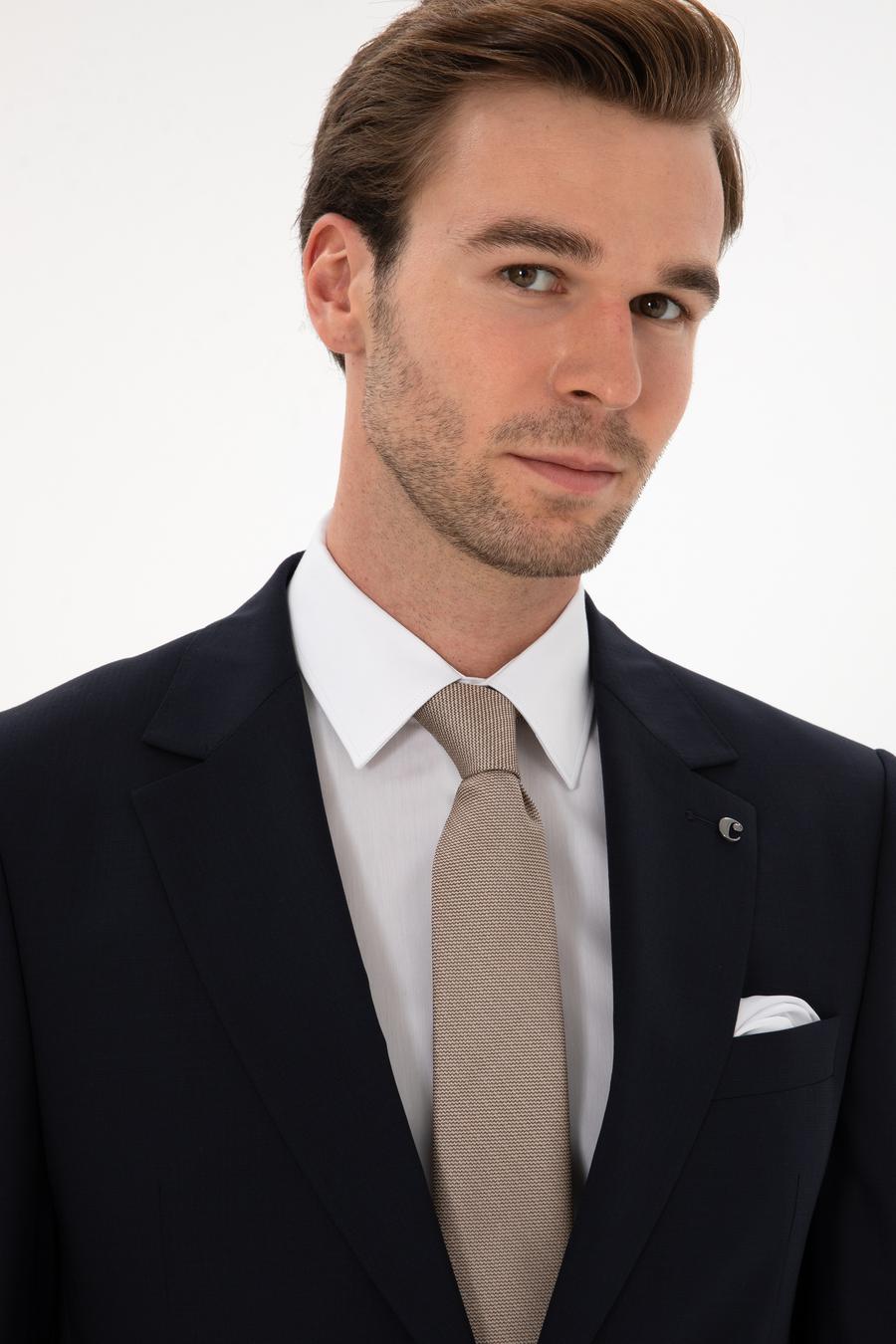 Lacivert Slim Fit Yün Karışımlı Mono Yaka Klasik Takım Elbise - 50306815062
