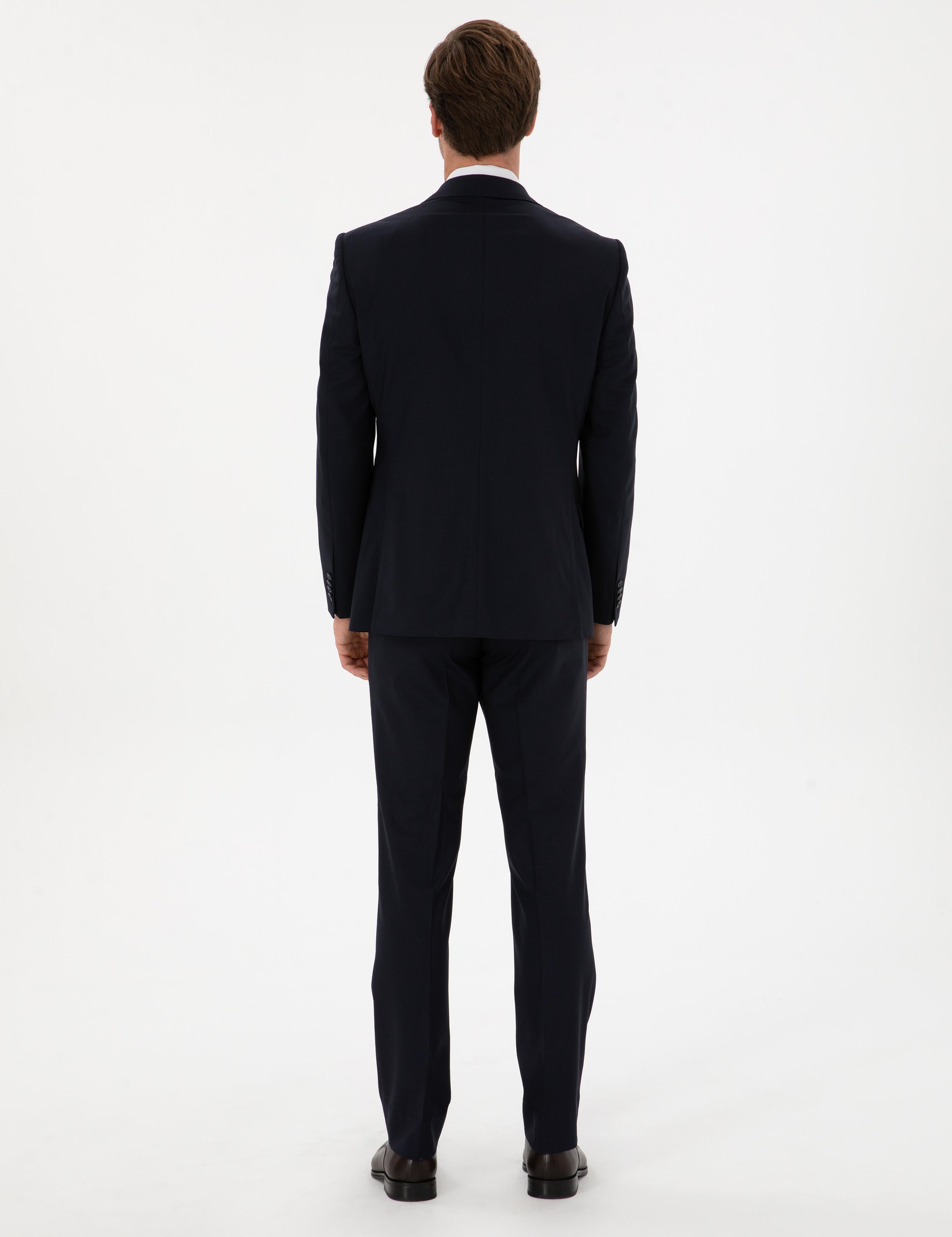 Lacivert Slim Fit Yün Karışımlı Mono Yaka Klasik Takım Elbise - 50306815062