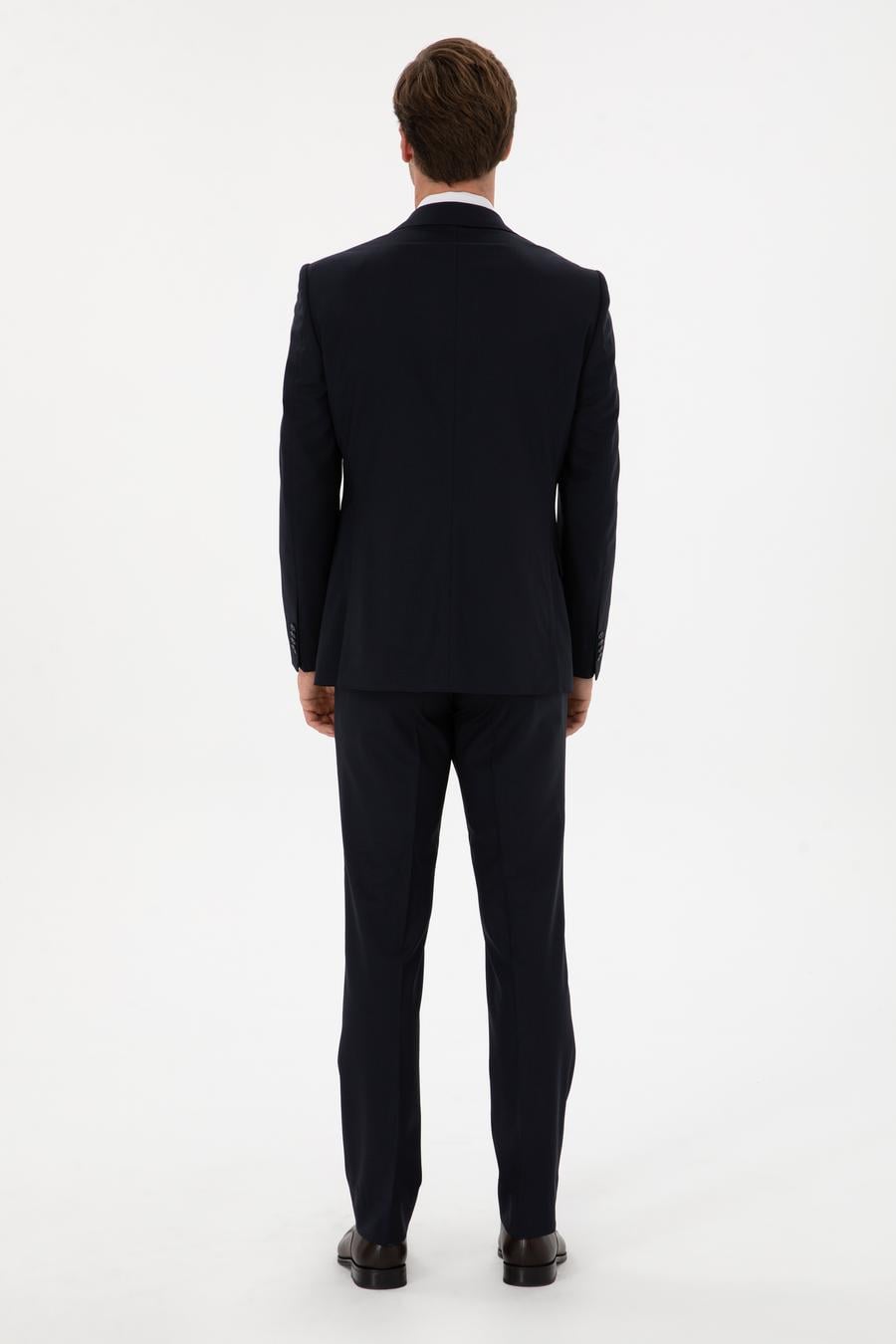 Lacivert Slim Fit Yün Karışımlı Mono Yaka Klasik Takım Elbise - 50306815062