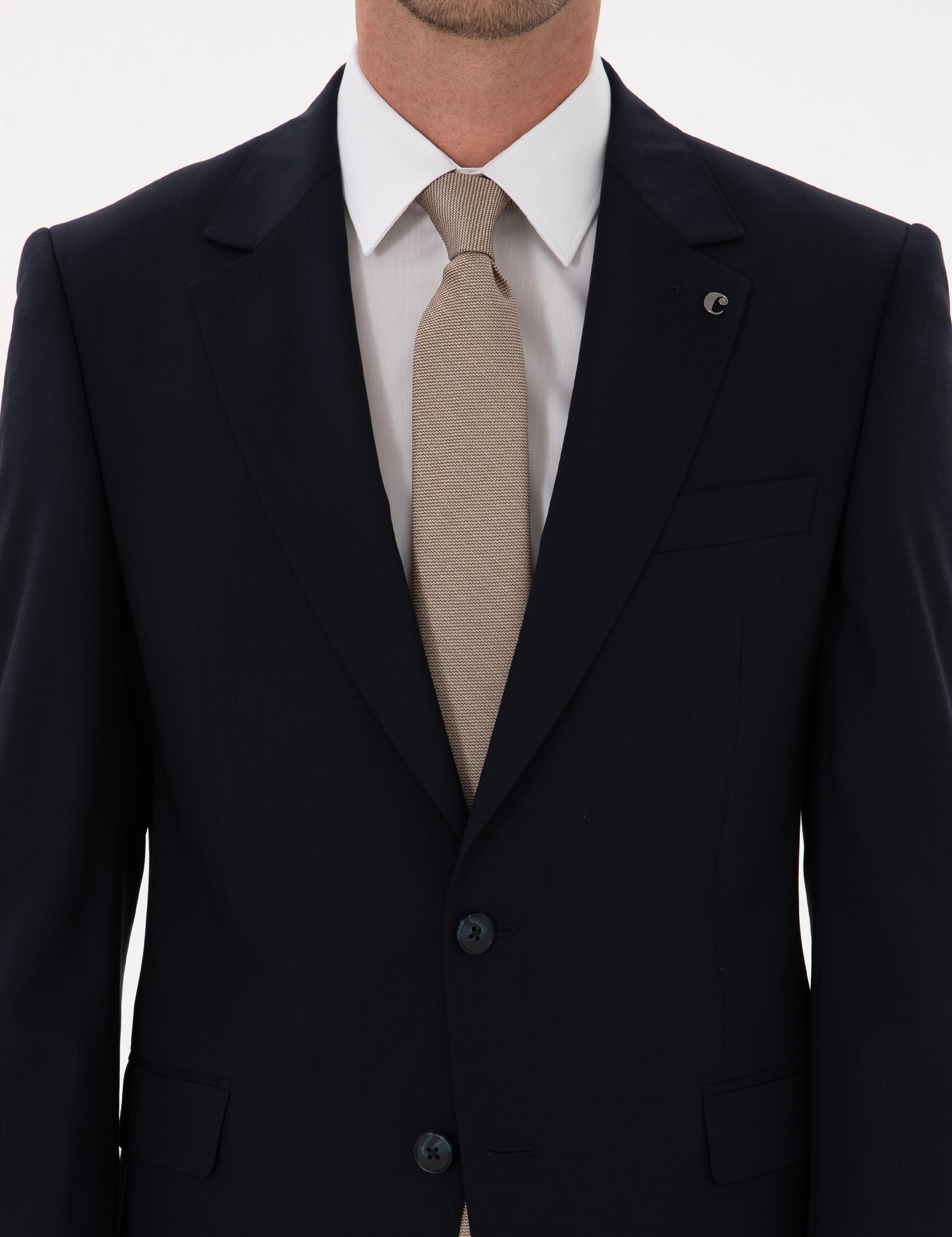 Lacivert Slim Fit Yün Karışımlı Mono Yaka Klasik Takım Elbise - 50306815062