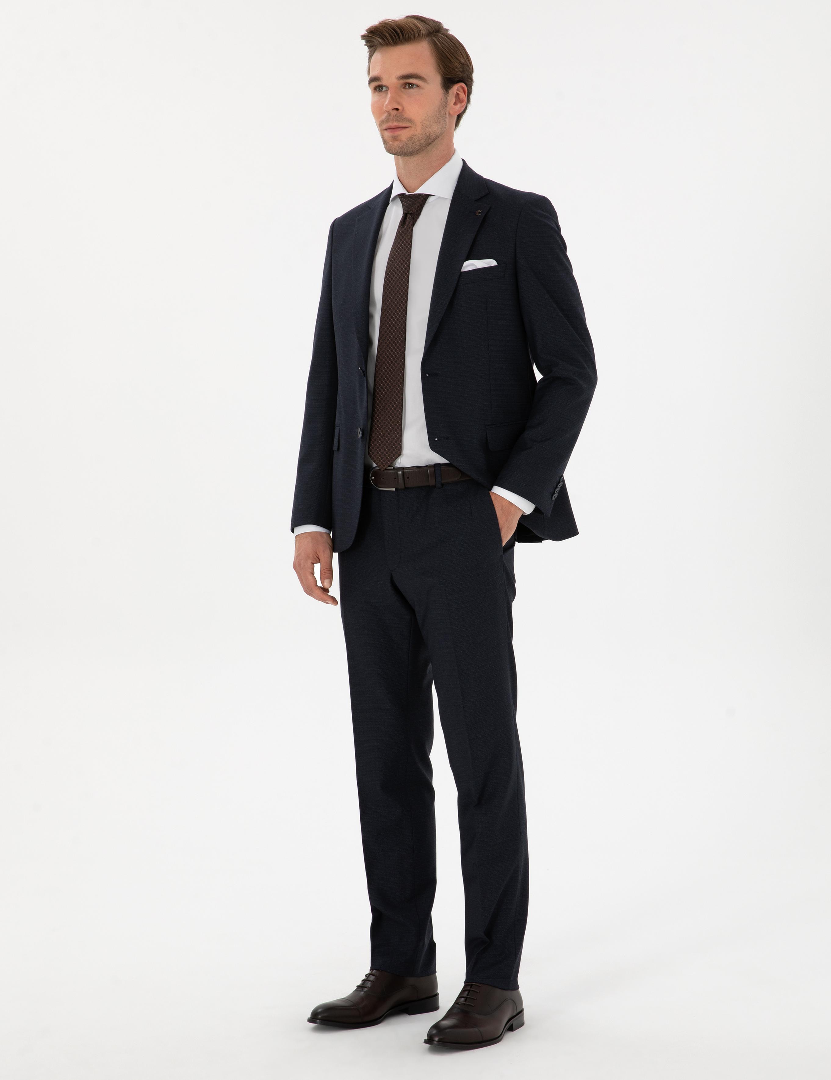 Lacivert Slim Fit Mikro Desenli Mono Yaka Yün Karışımlı Takım Elbise - 50311134020