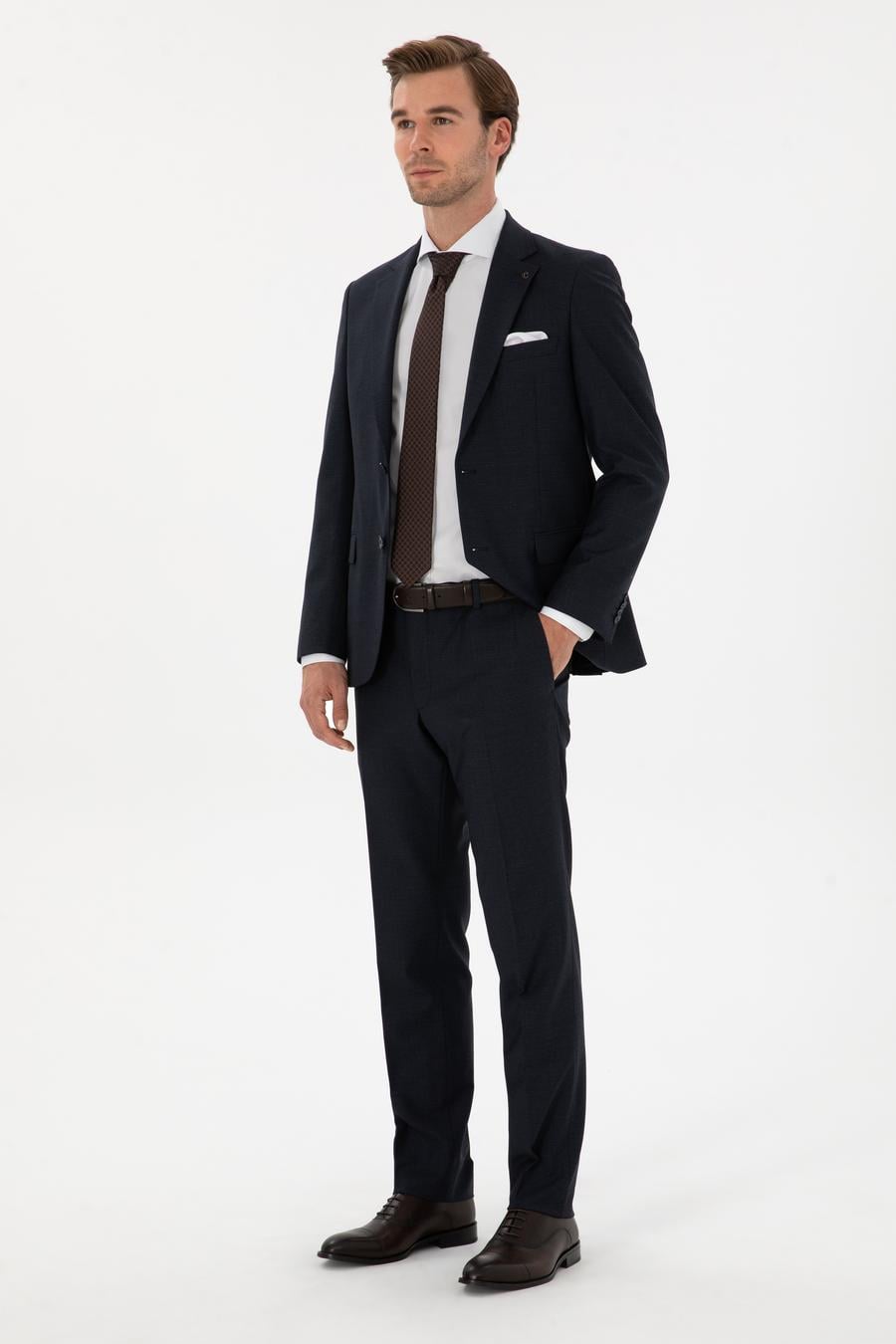 Lacivert Slim Fit Mikro Desenli Mono Yaka Yün Karışımlı Takım Elbise - 50311134020