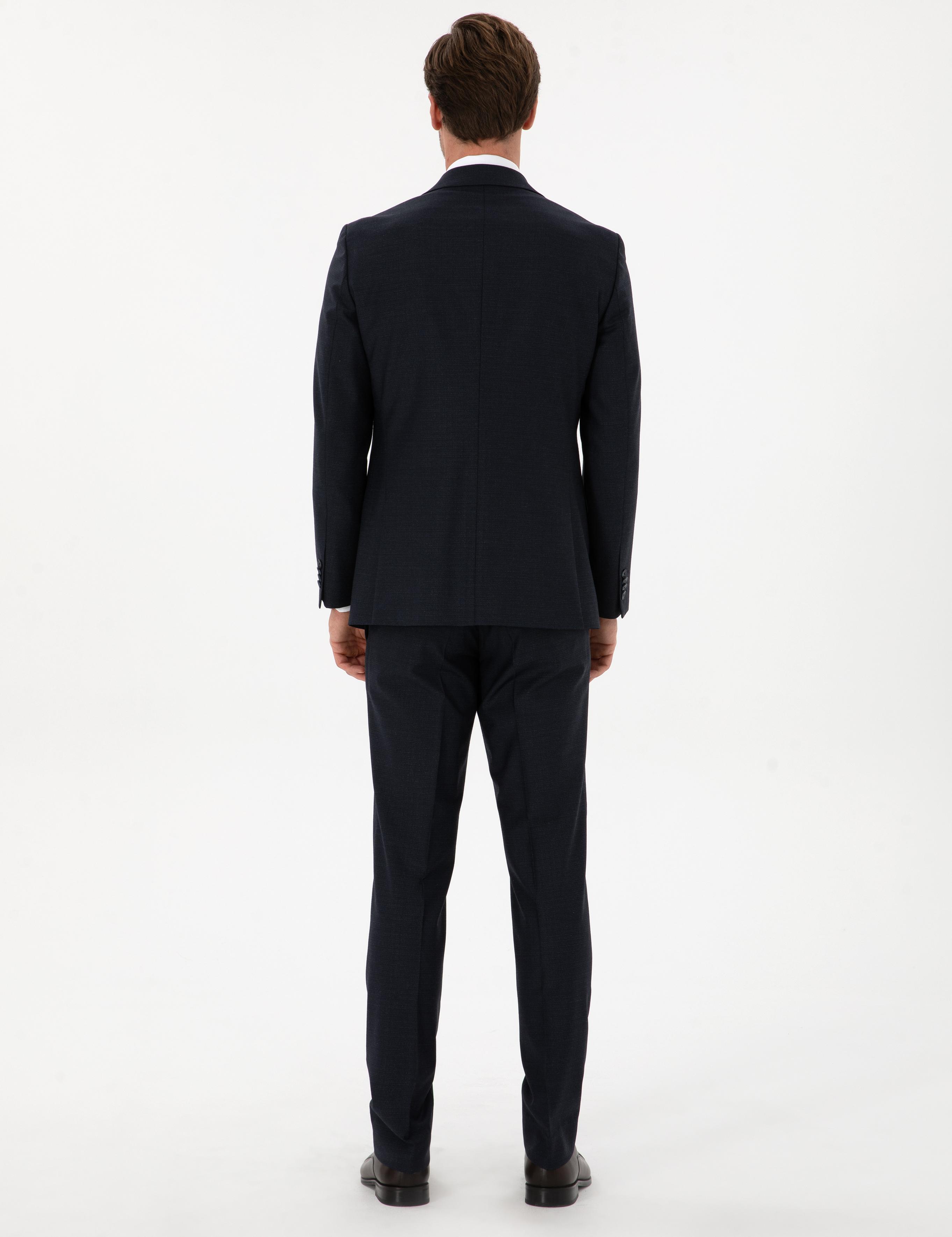 Lacivert Slim Fit Mikro Desenli Mono Yaka Yün Karışımlı Takım Elbise - 50311134020