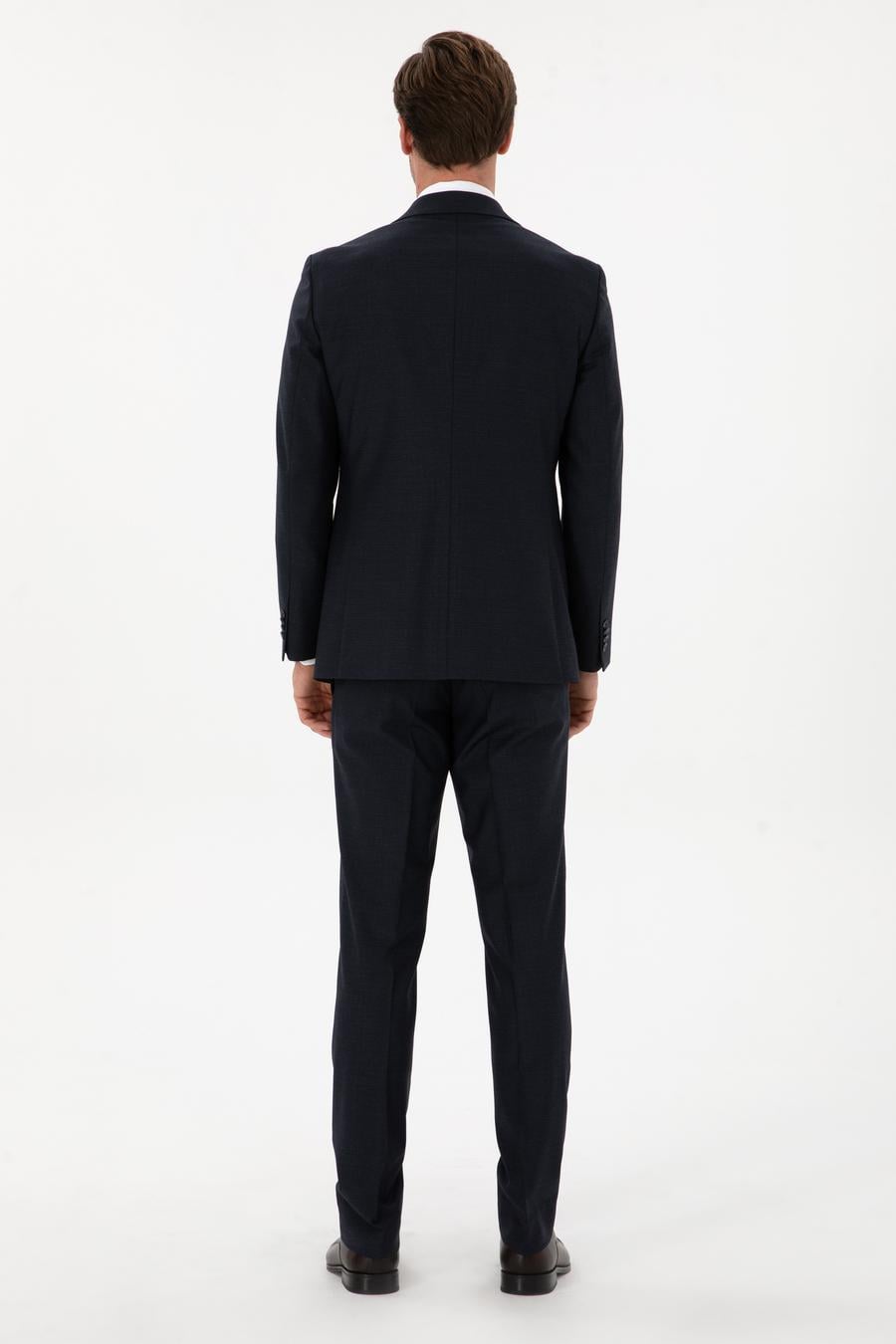 Lacivert Slim Fit Mikro Desenli Mono Yaka Yün Karışımlı Takım Elbise - 50311134020