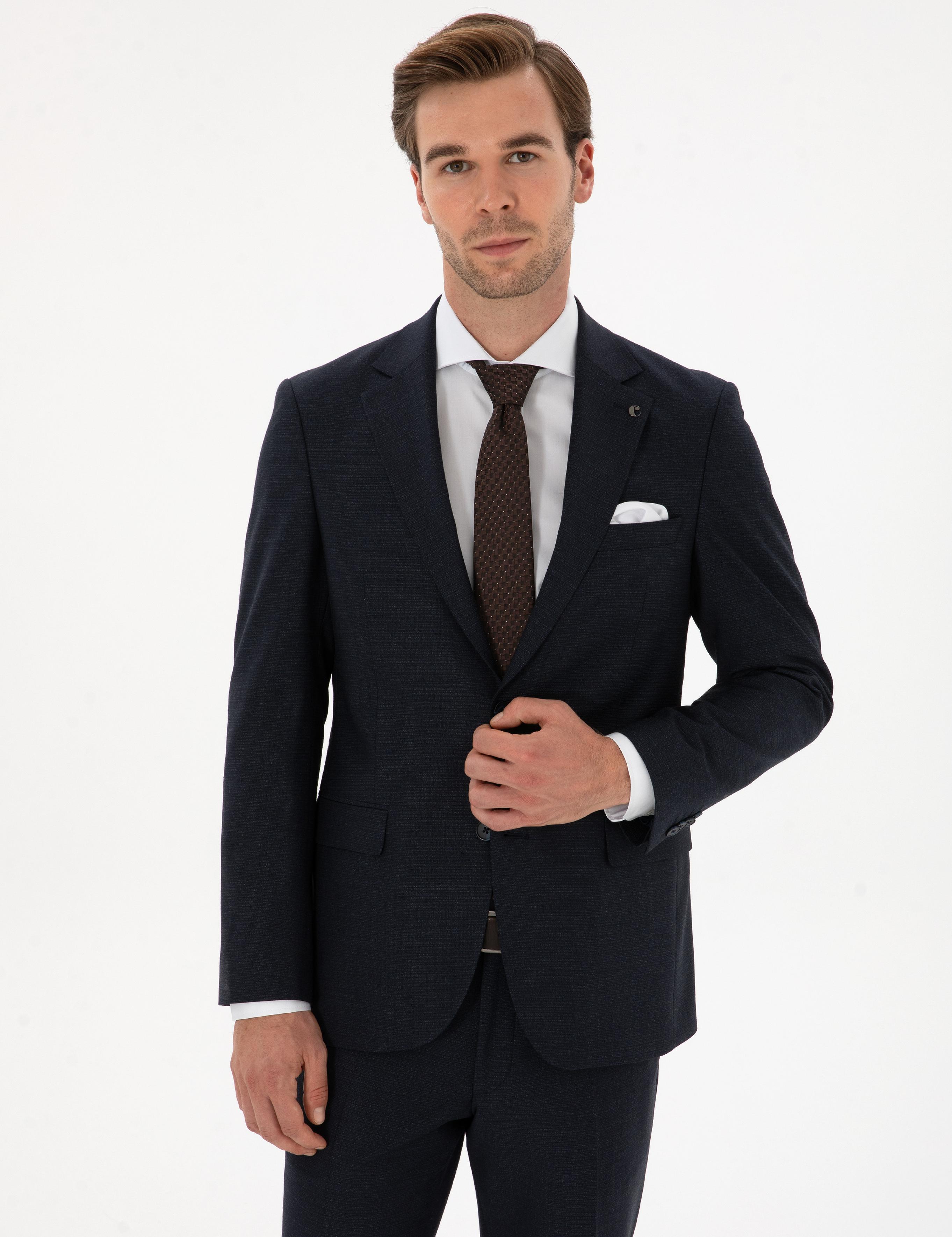 Lacivert Slim Fit Mikro Desenli Mono Yaka Yün Karışımlı Takım Elbise - 50311134020