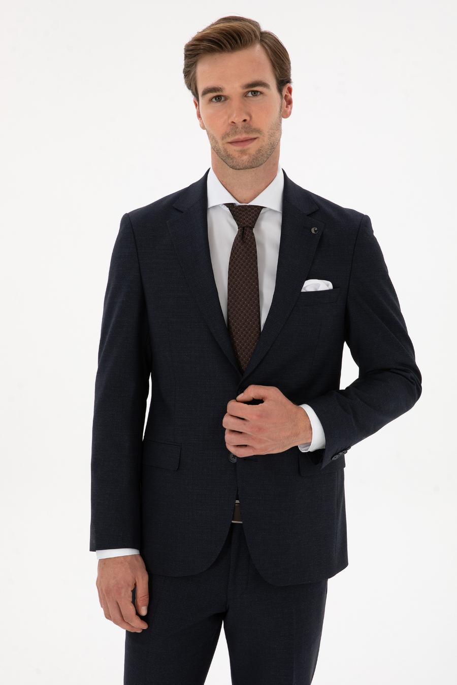 Lacivert Slim Fit Mikro Desenli Mono Yaka Yün Karışımlı Takım Elbise - 50311134020