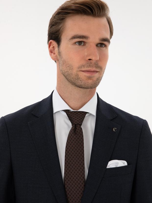 Lacivert Slim Fit Mikro Desenli Mono Yaka Yün Karışımlı Takım Elbise