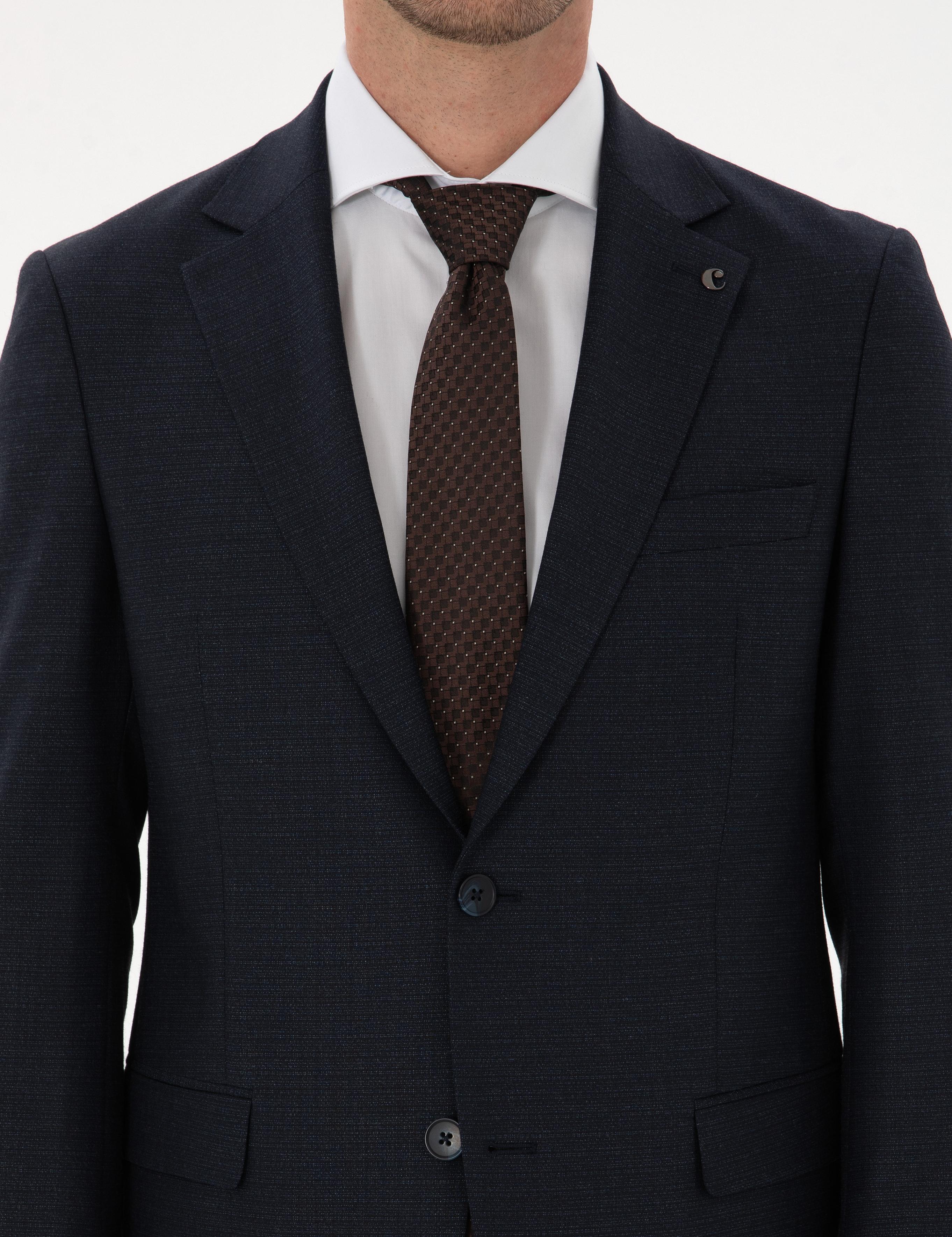 Lacivert Slim Fit Mikro Desenli Mono Yaka Yün Karışımlı Takım Elbise - 50311134020