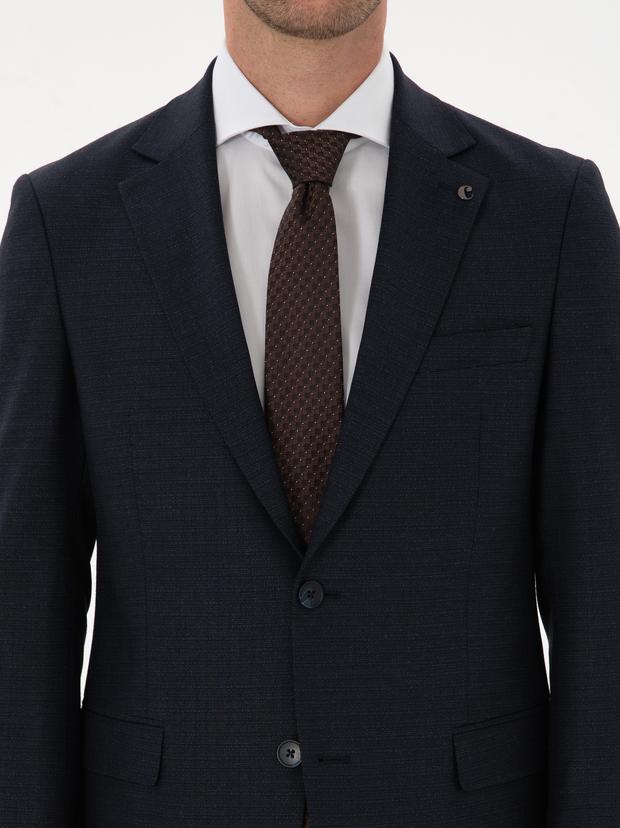 Lacivert Slim Fit Mikro Desenli Mono Yaka Yün Karışımlı Takım Elbise