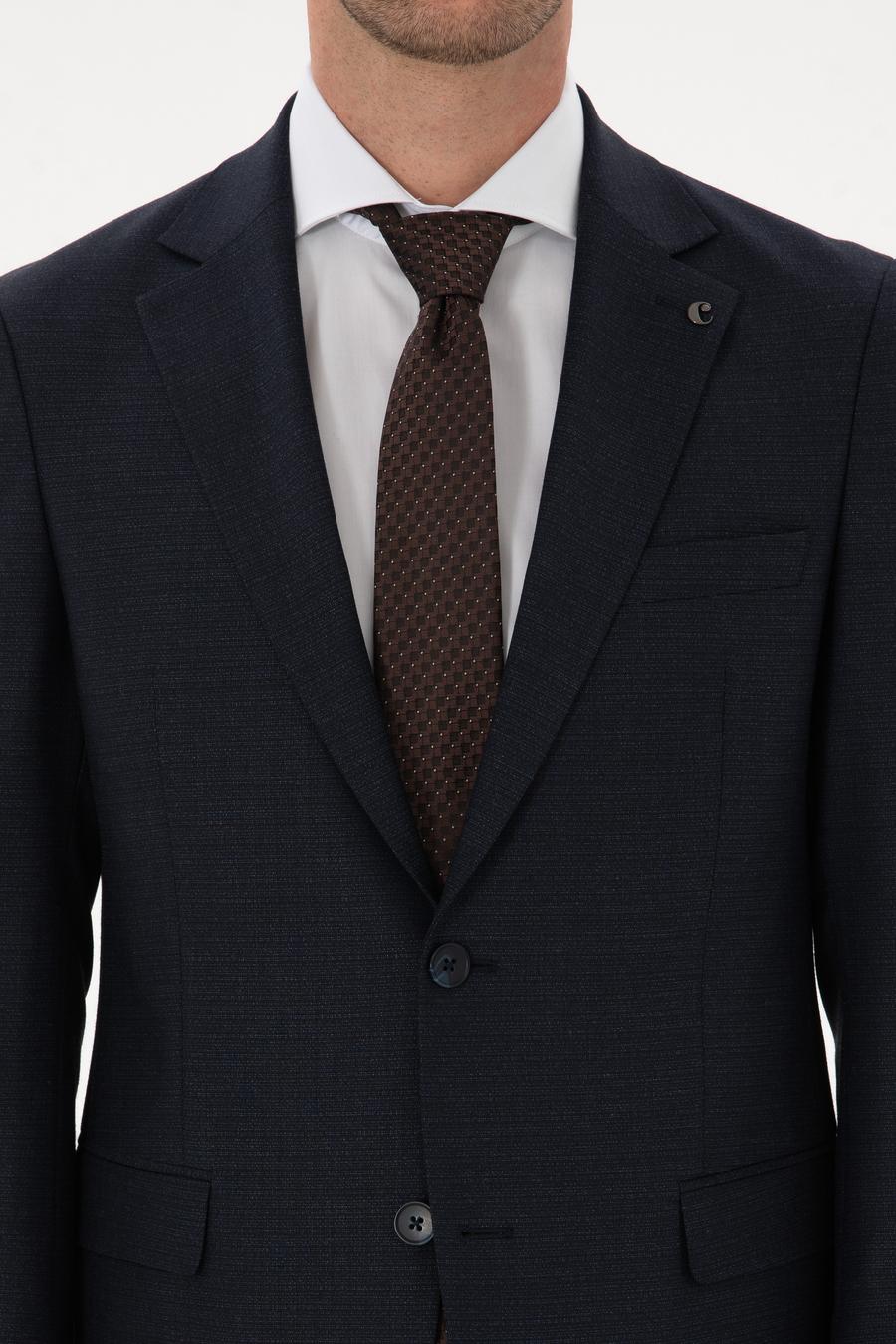 Lacivert Slim Fit Mikro Desenli Mono Yaka Yün Karışımlı Takım Elbise - 50311134020