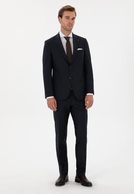Lacivert Slim Fit Mikro Desenli Mono Yaka Yün Karışımlı Takım Elbise