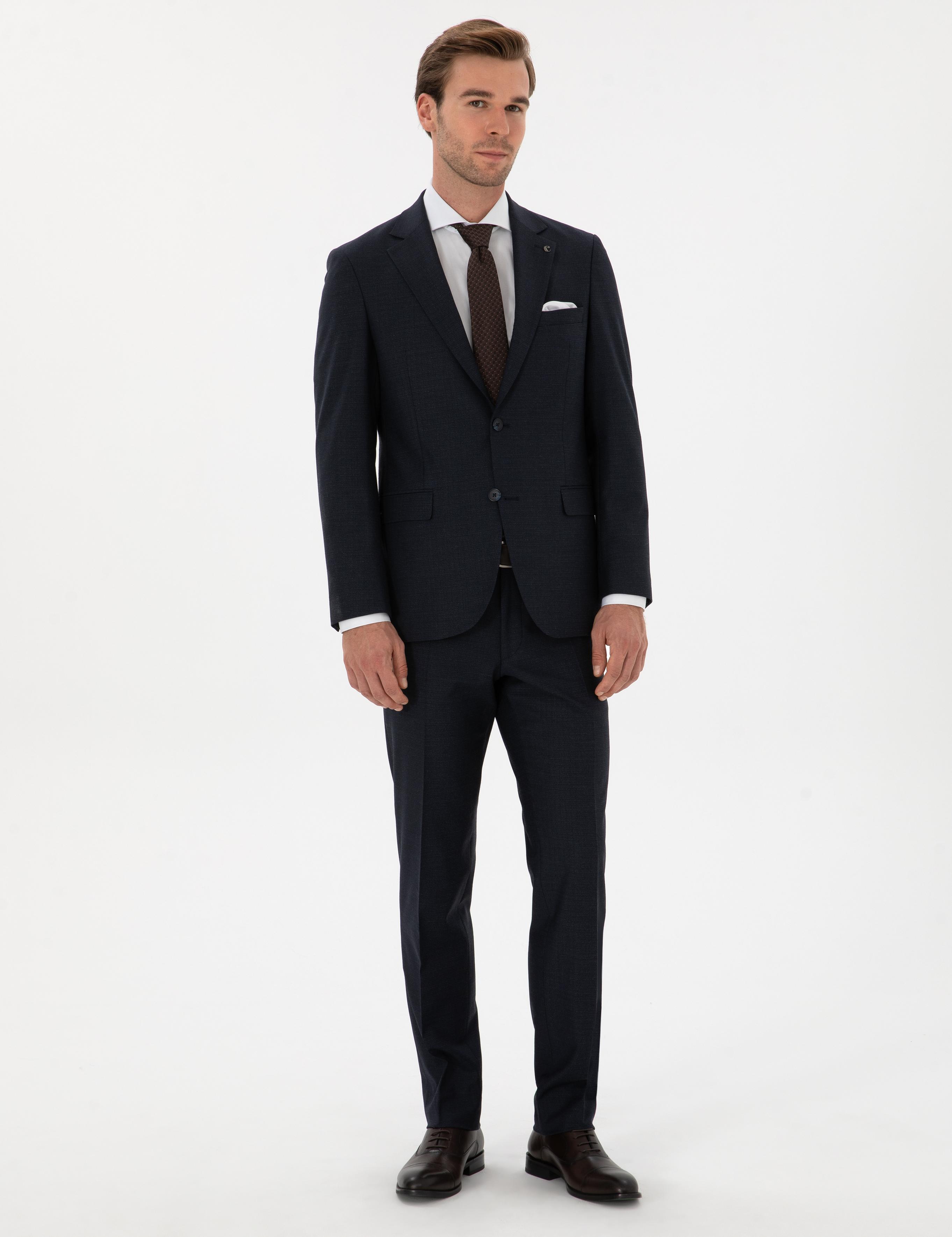 Lacivert Slim Fit Mikro Desenli Mono Yaka Yün Karışımlı Takım Elbise - 50311134020