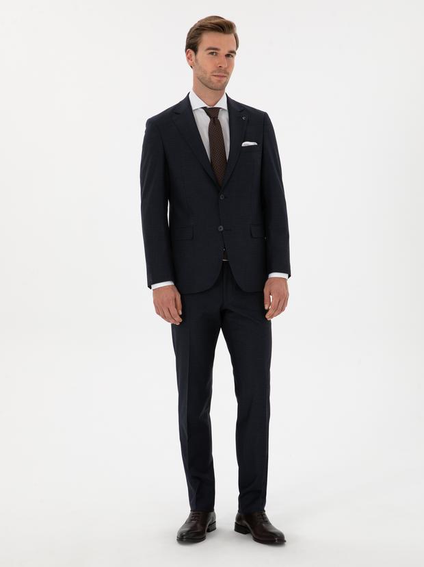 Lacivert Slim Fit Mikro Desenli Mono Yaka Yün Karışımlı Takım Elbise