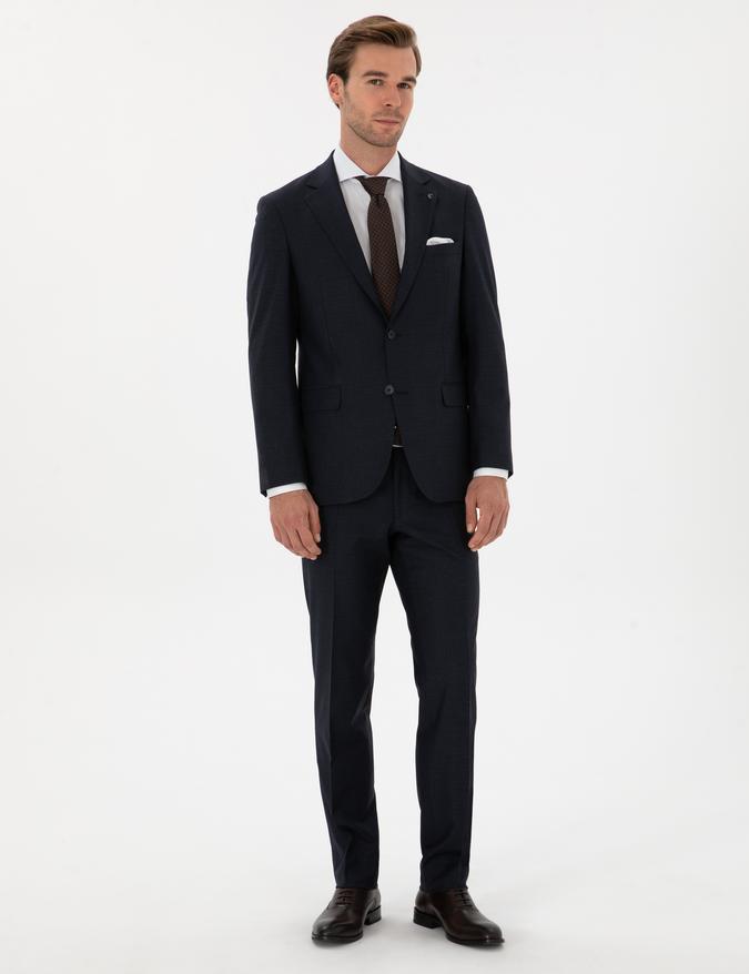 Lacivert Slim Fit Mikro Desenli Mono Yaka Yün Karışımlı Takım Elbise