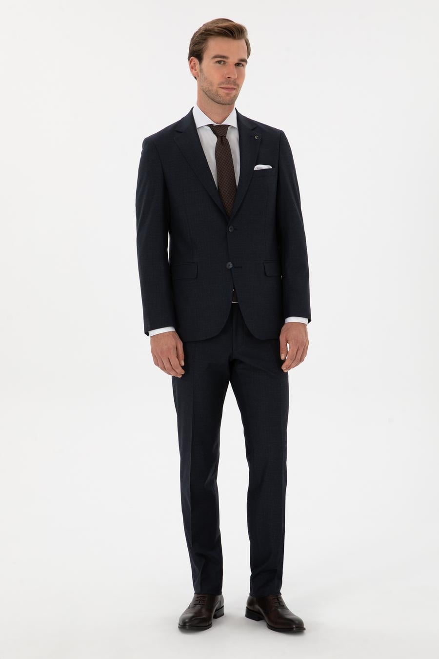 Lacivert Slim Fit Mikro Desenli Mono Yaka Yün Karışımlı Takım Elbise - 50311134020