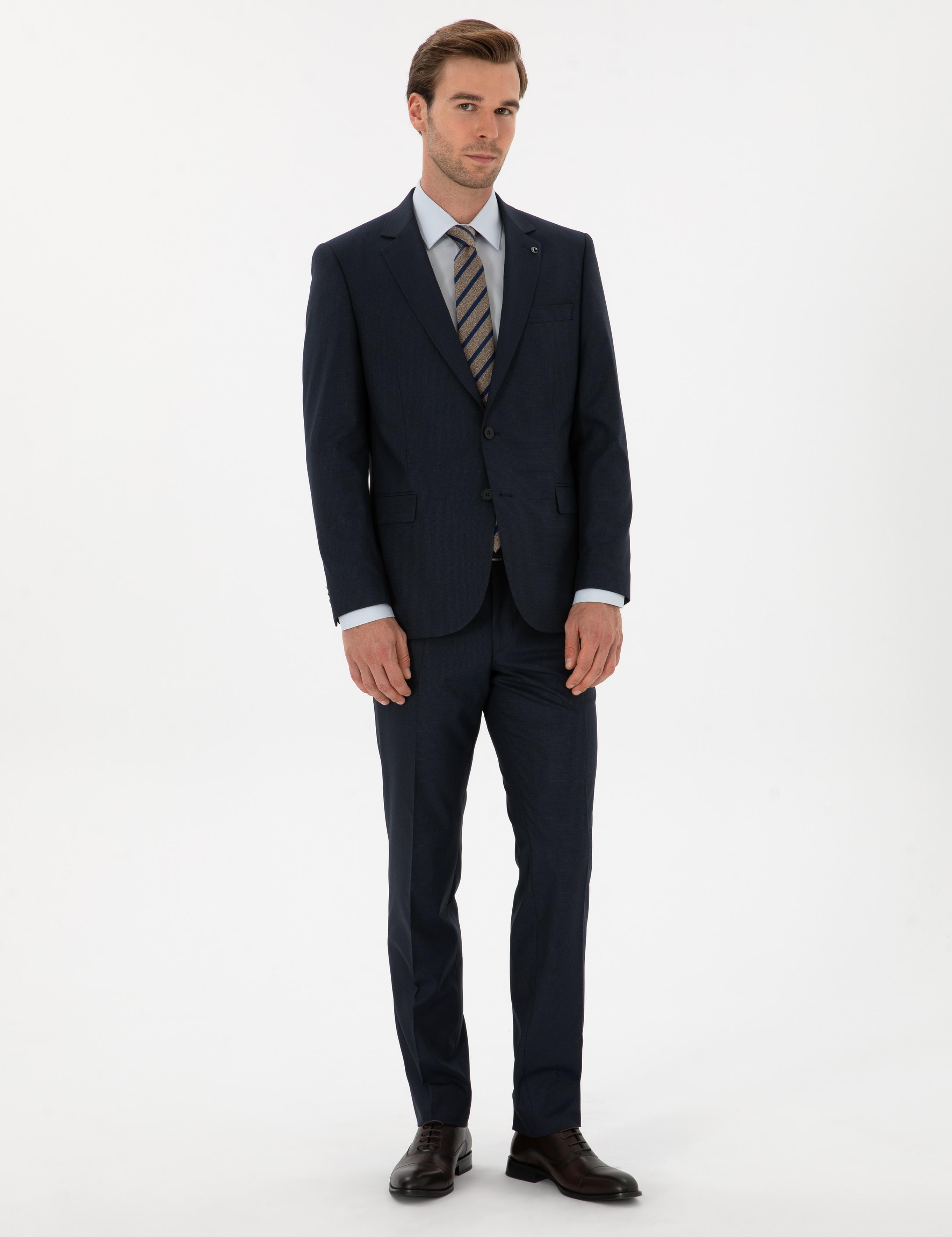 Lacivert Slim Fit Mikro Desenli Takım Elbise - 50319478005