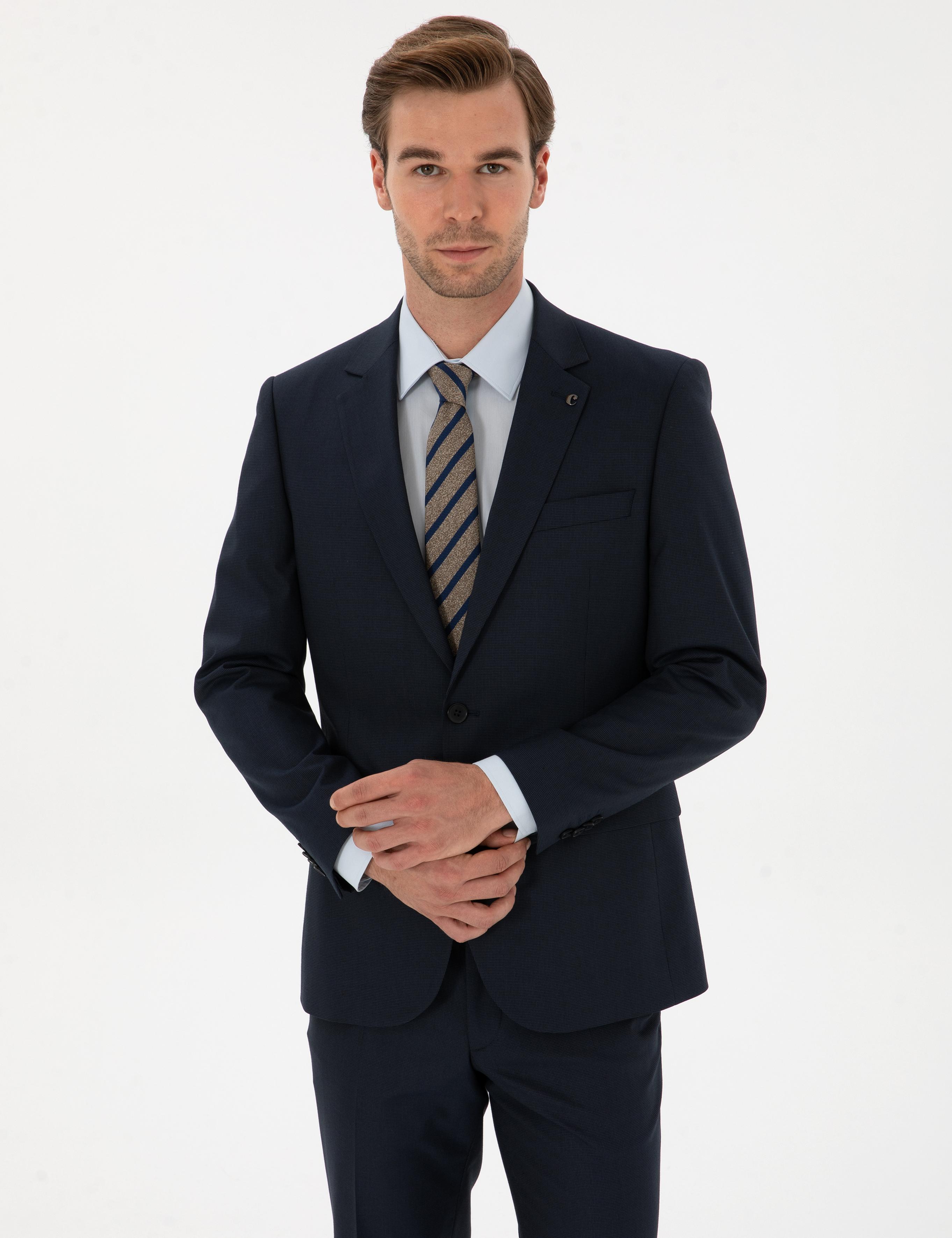 Lacivert Slim Fit Mikro Desenli Takım Elbise - 50319478005