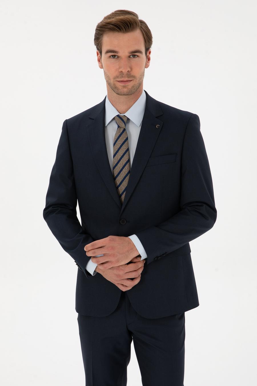Lacivert Slim Fit Mikro Desenli Takım Elbise - 50319478005