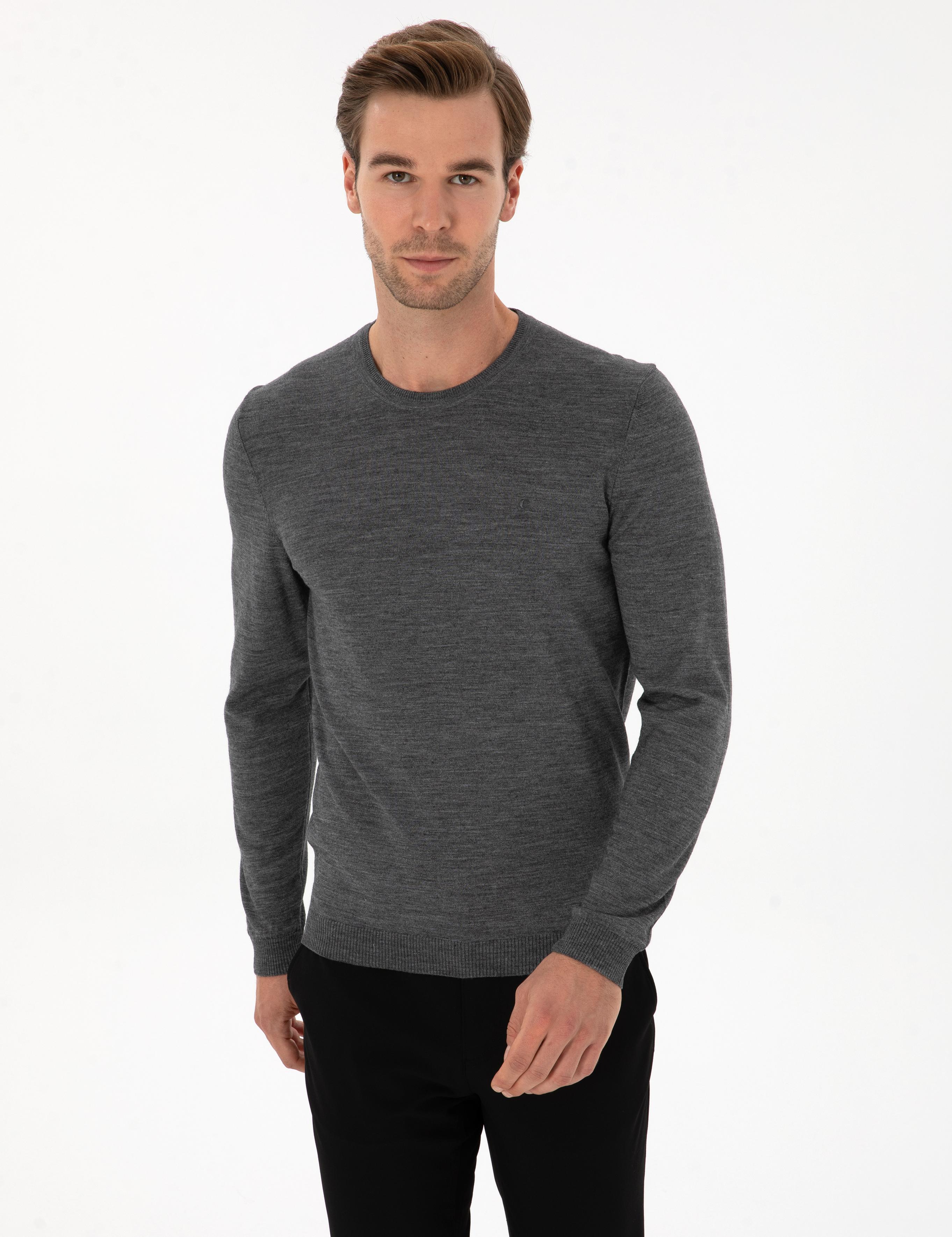 Füme Slim Fit Yün Karışımlı Bisiklet Yaka Basic Triko Kazak - 50315266089