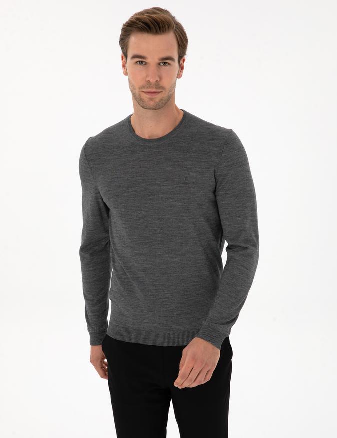 Füme Slim Fit Yün Karışımlı Bisiklet Yaka Basic Triko Kazak