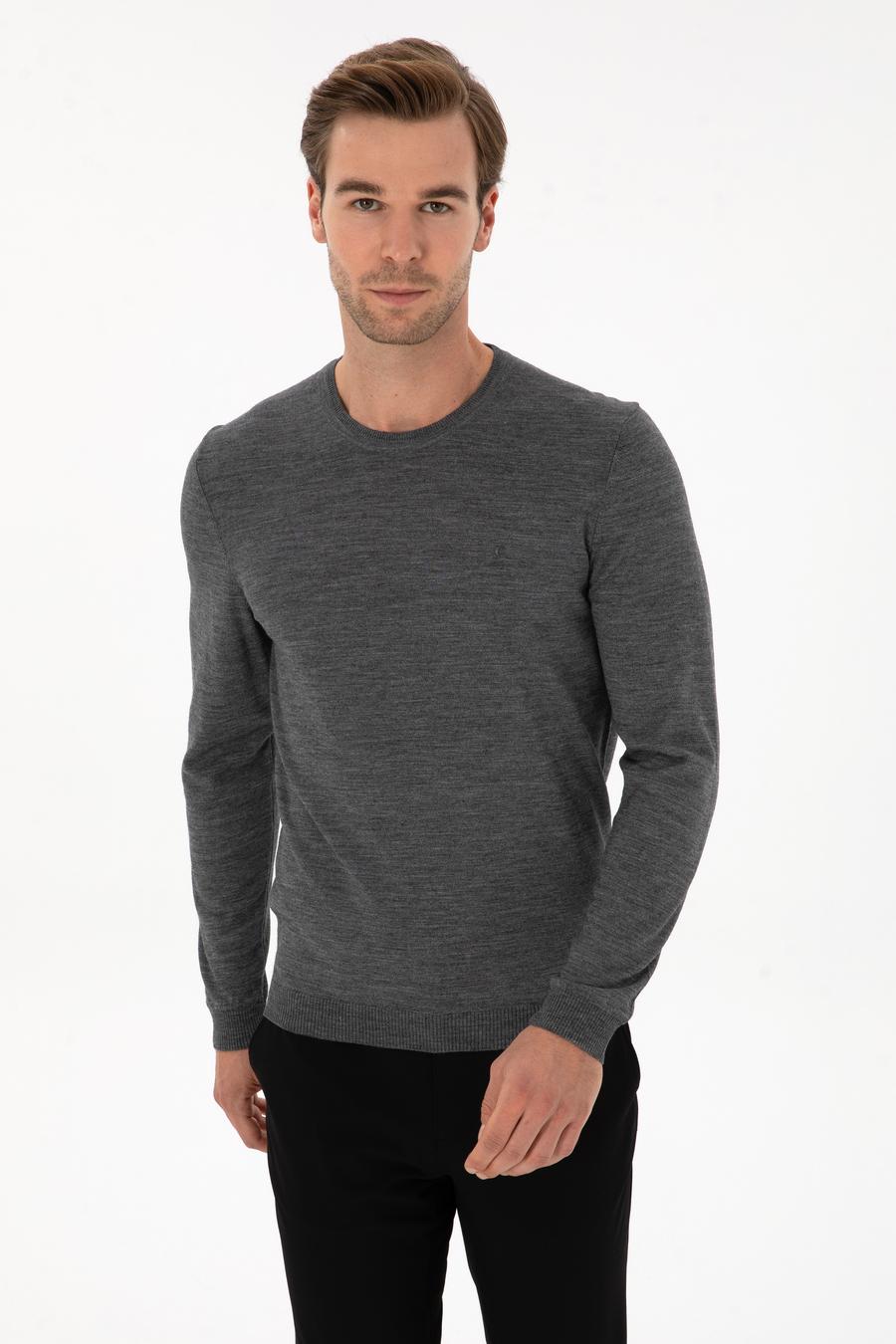 Füme Slim Fit Yün Karışımlı Bisiklet Yaka Basic Triko Kazak - 50315266089