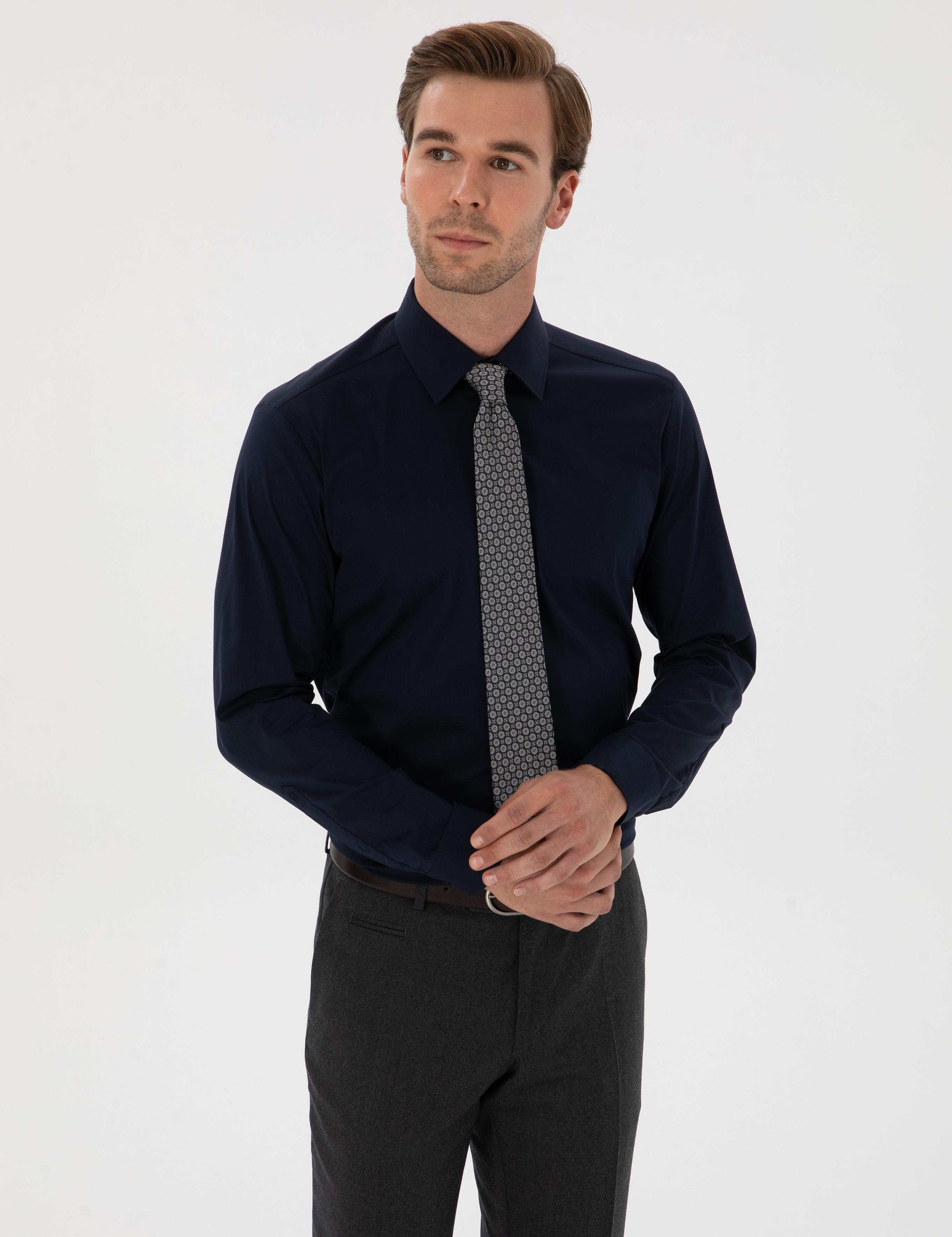 Lacivert Slim Fit Pamuk Karışımlı Gömlek - 50314589063