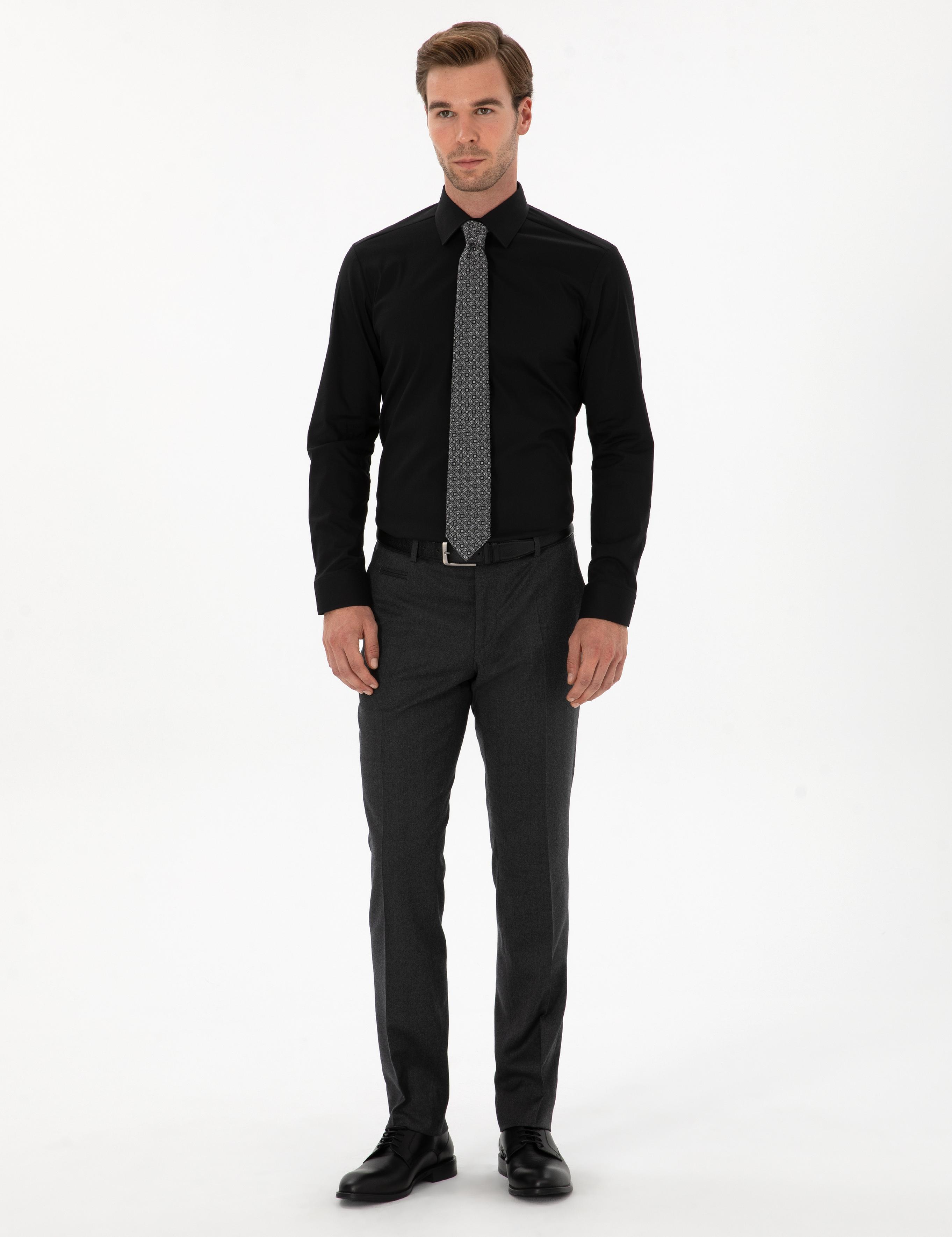 Siyah Slim Fit Pamuk Karışımlı Gömlek - 50314589042