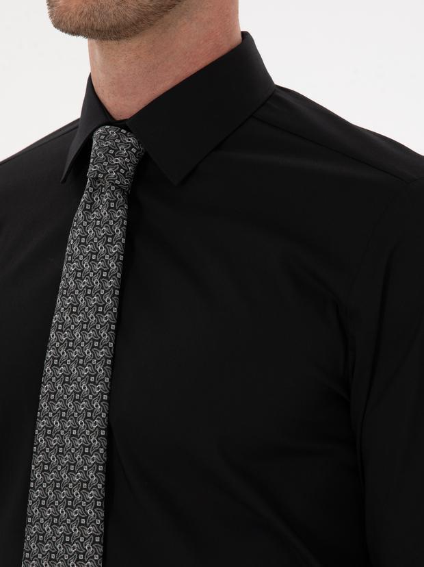 Siyah Slim Fit Pamuk Karışımlı Gömlek