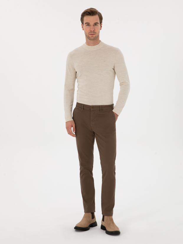 Kahverengi Slim Fit Pamuk Karışımlı Kanvas Pantolon