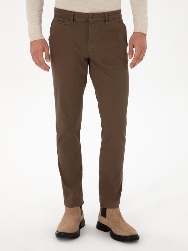 Kahverengi Slim Fit Pamuk Karışımlı Kanvas Pantolon