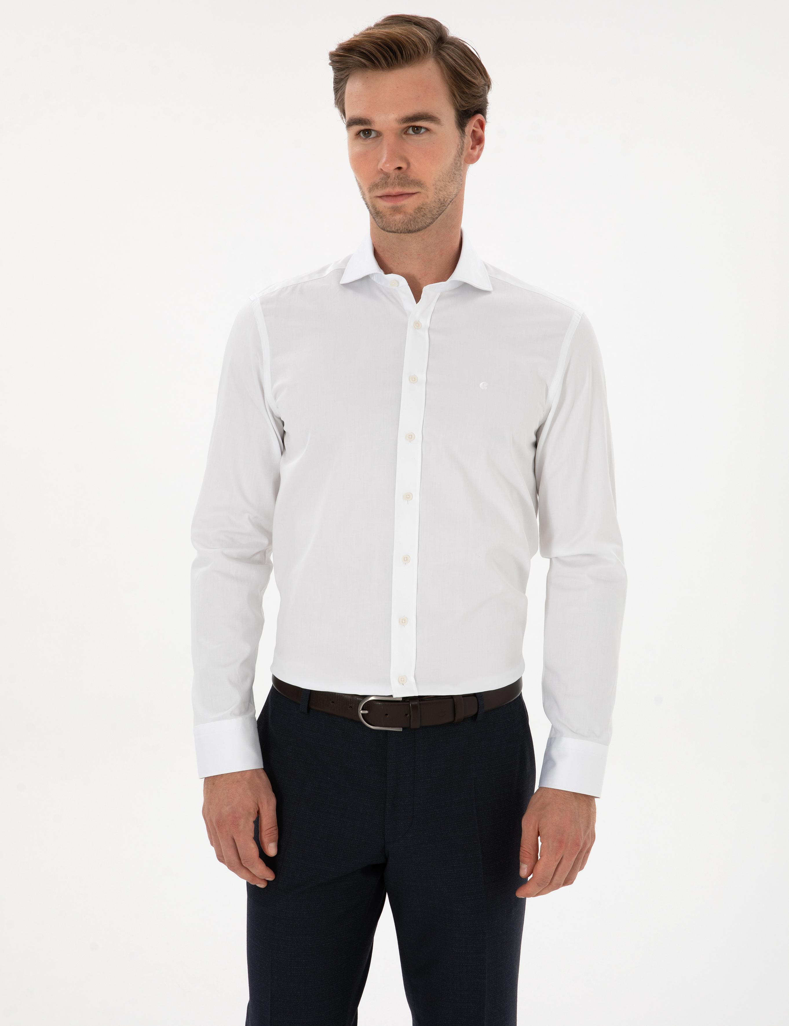 Beyaz Slim Fit %100 Pamuk İtalyan Yaka Klasik Gömlek - 50250845005