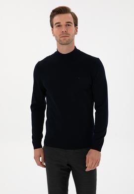 Lacivert  Slim Fit Yün Karışımlı Yarım Balıkçı Basic Triko Kazak