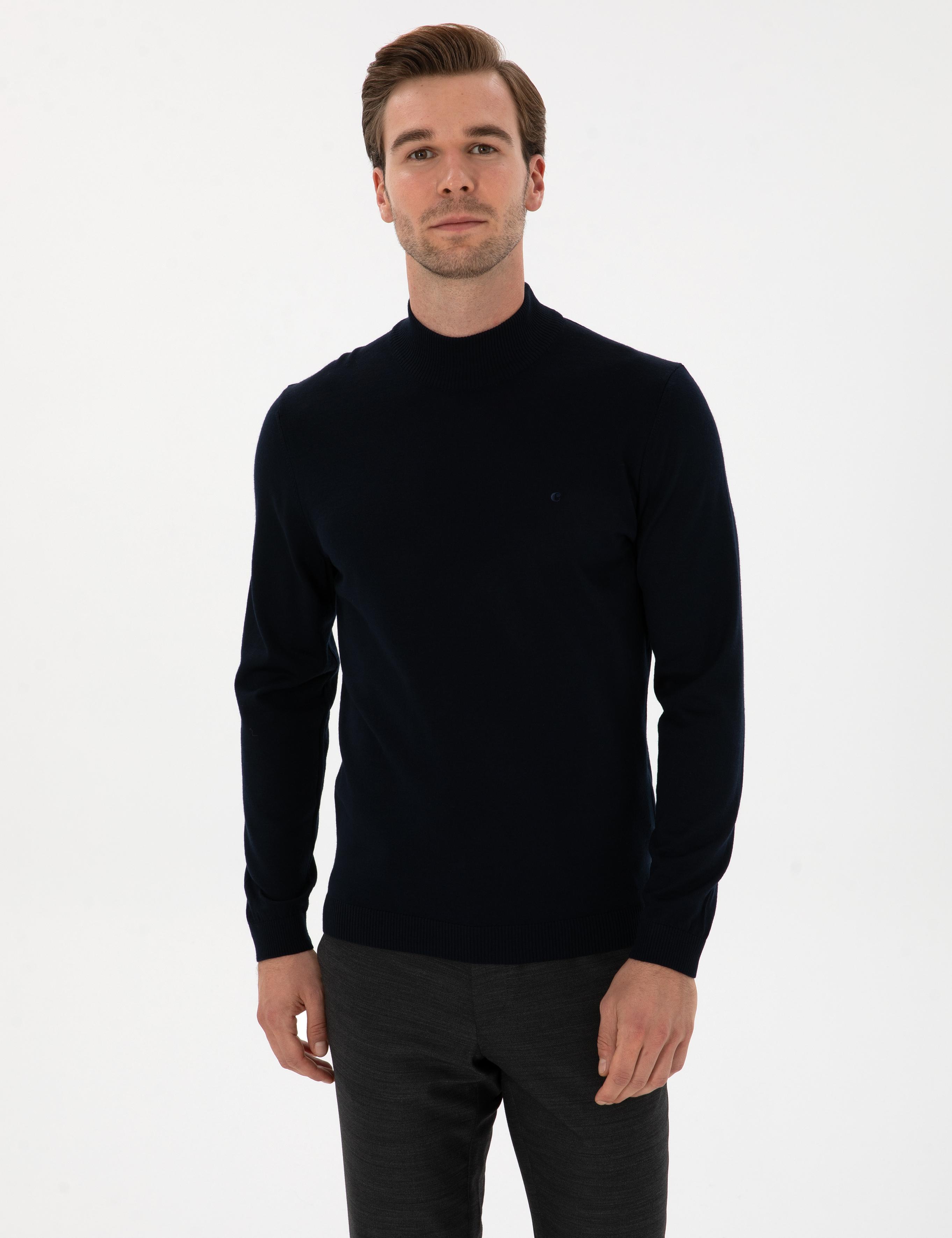 Lacivert  Slim Fit Yün Karışımlı Yarım Balıkçı Basic Triko Kazak - 50315296019