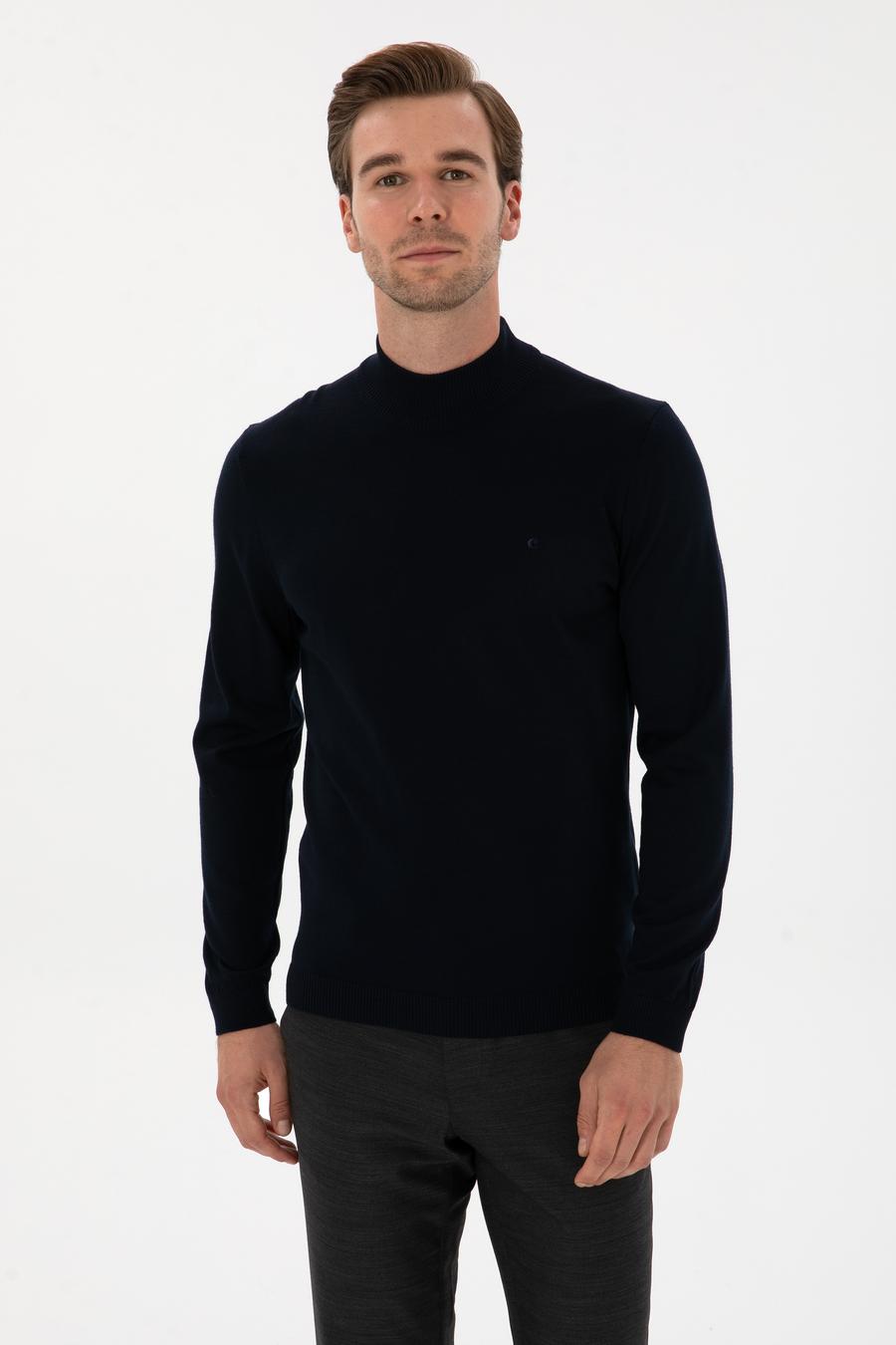 Lacivert  Slim Fit Yün Karışımlı Yarım Balıkçı Basic Triko Kazak - 50315296019