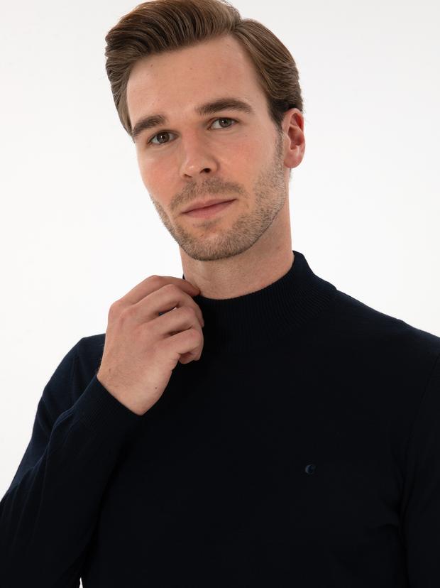 Lacivert  Slim Fit Yün Karışımlı Yarım Balıkçı Basic Triko Kazak