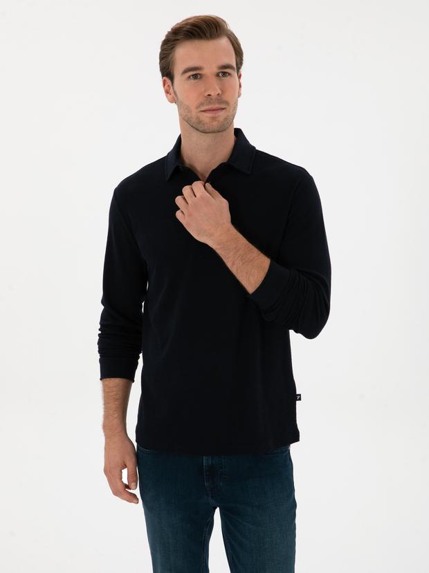 Lacivert Regular Fit Pamuk Karışımlı Polo Yaka Sweatshirt