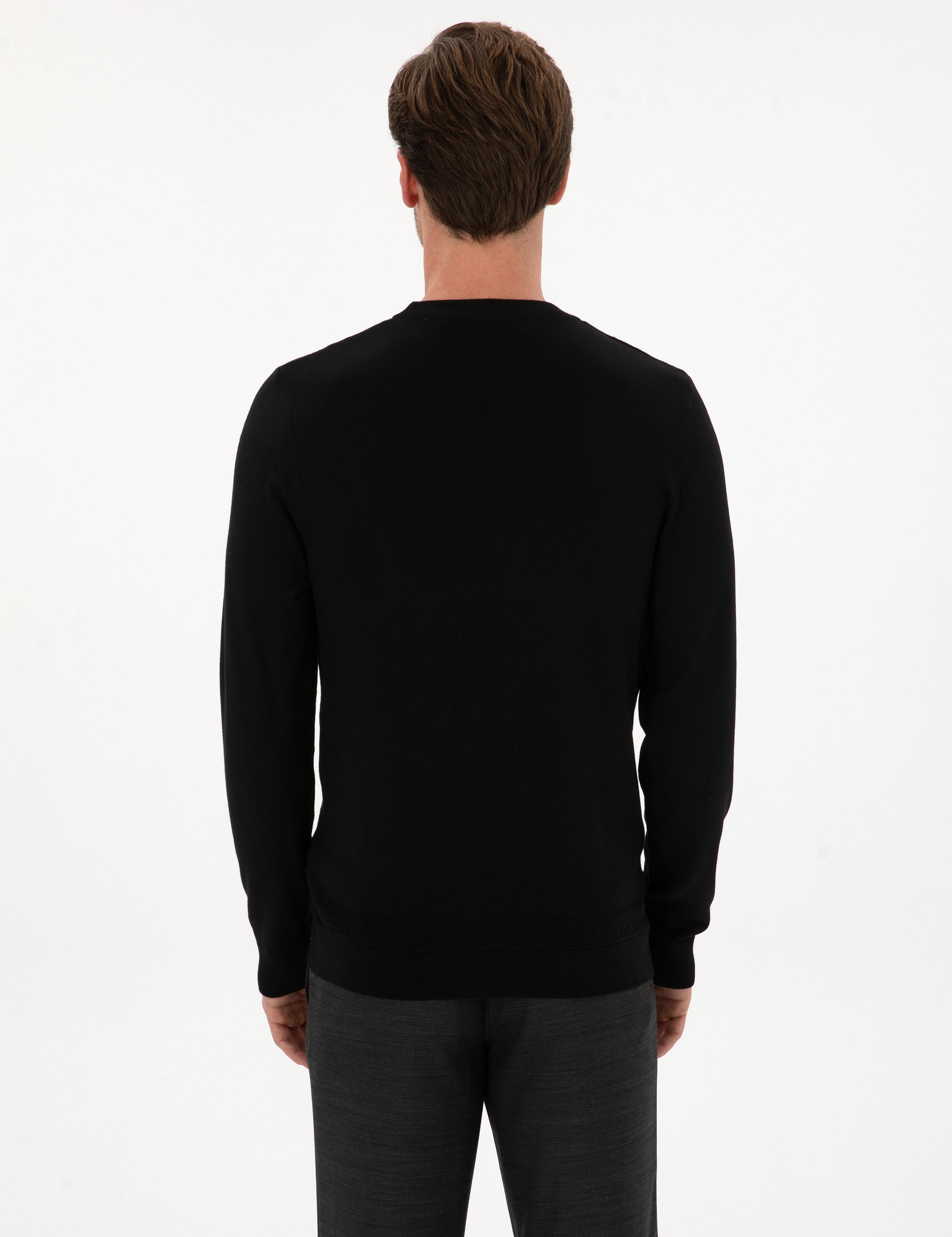 Siyah Slim Fit Yün Karışımlı Bisiklet Yaka Triko Kazak - 50311876019