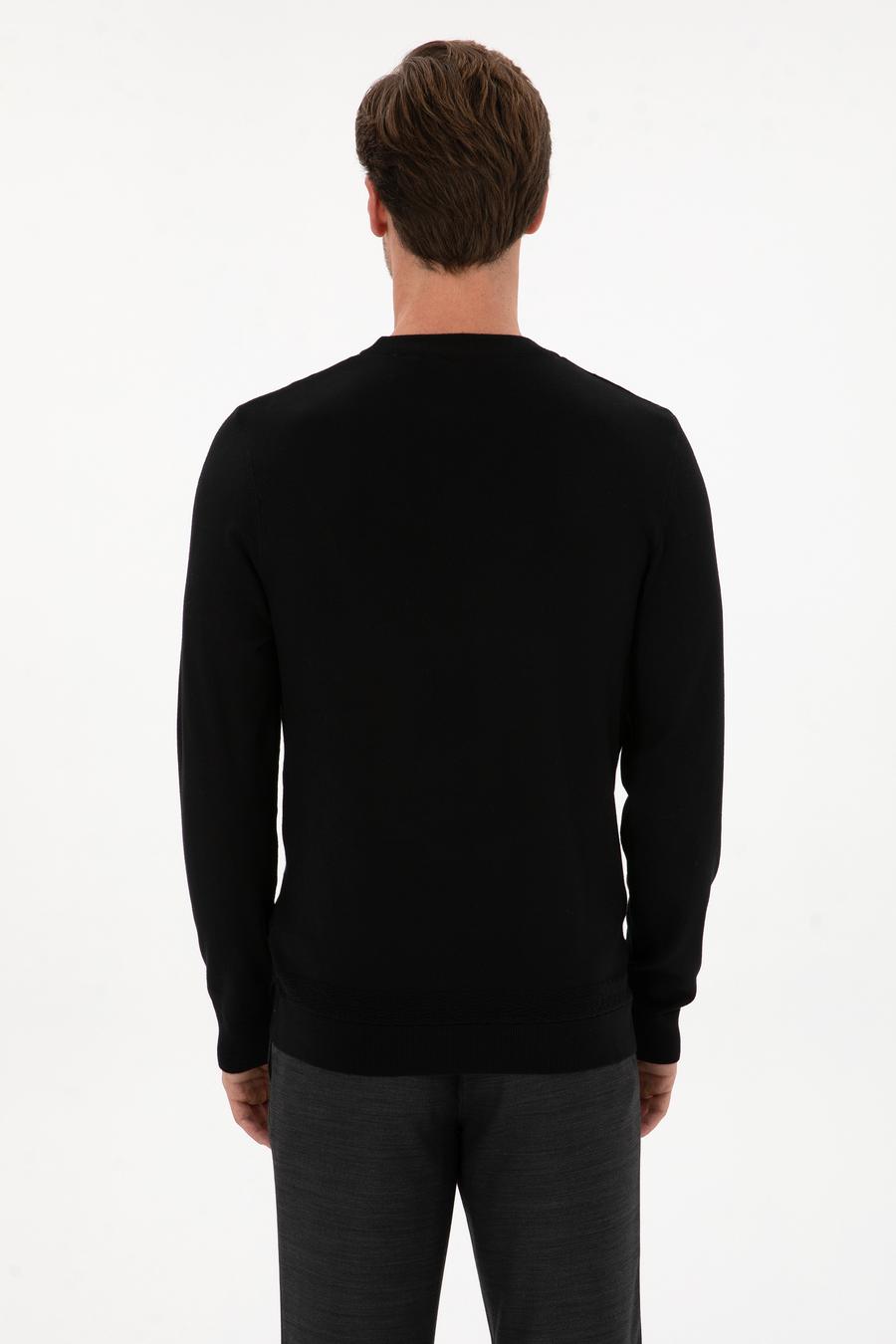 Siyah Slim Fit Yün Karışımlı Bisiklet Yaka Triko Kazak - 50311876019